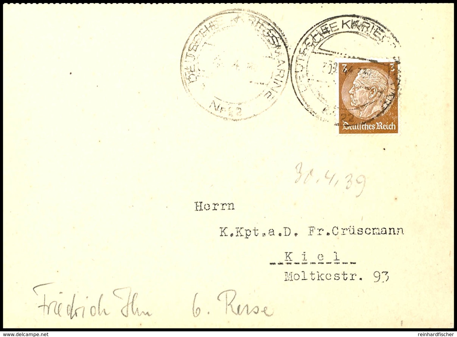 1939, Marineschiffspost-Stpl. DEUTSCHE KRIEGSMARINE Nr. 22 Vom 30.4.39 (verwackelt Abgeschlagen) Auf Textloser Postkarte - Other & Unclassified