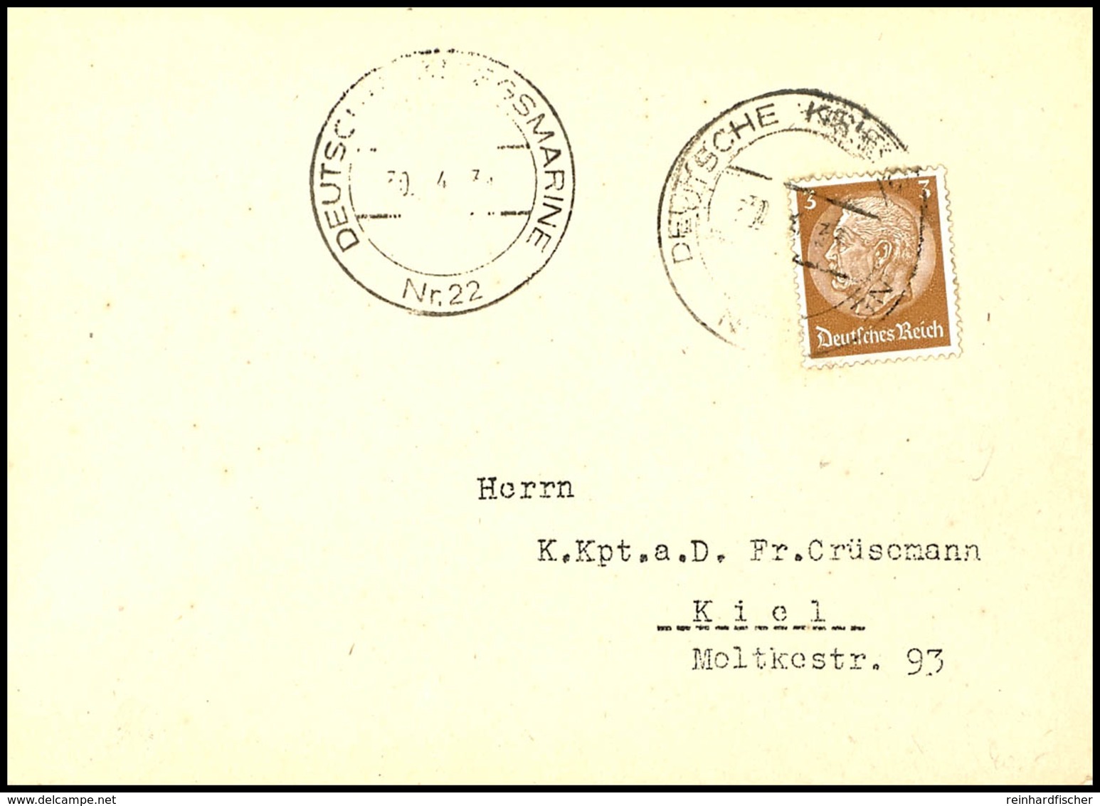 1939, Marineschiffspost-Stpl. DEUTSCHE KRIEGSMARINE Nr. 22 Vom 30.4.39 Auf Textloser Postkarte Mit 3 Pfg Hindenburg An K - Other & Unclassified