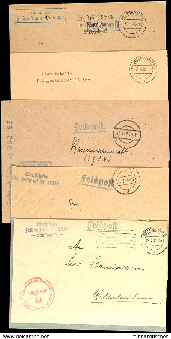 1939/44, 5 Feldpost-Dienstbriefe: Kommando 1. Torpedoboots-Flottille (Fp-Nr. M 06387) Vom 26.1.40, Kommando 2. Torpedobo - Other & Unclassified