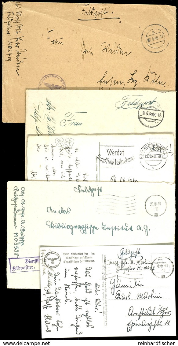 1940, 5 Feldpost-Briefe Bzw. -Karten Der Torpedoboote "Tiger"(Fp-Nr. M 17072) Vom 4.8.40, "T 2"(Fp-Nr. M 09598) Vom 28.1 - Other & Unclassified