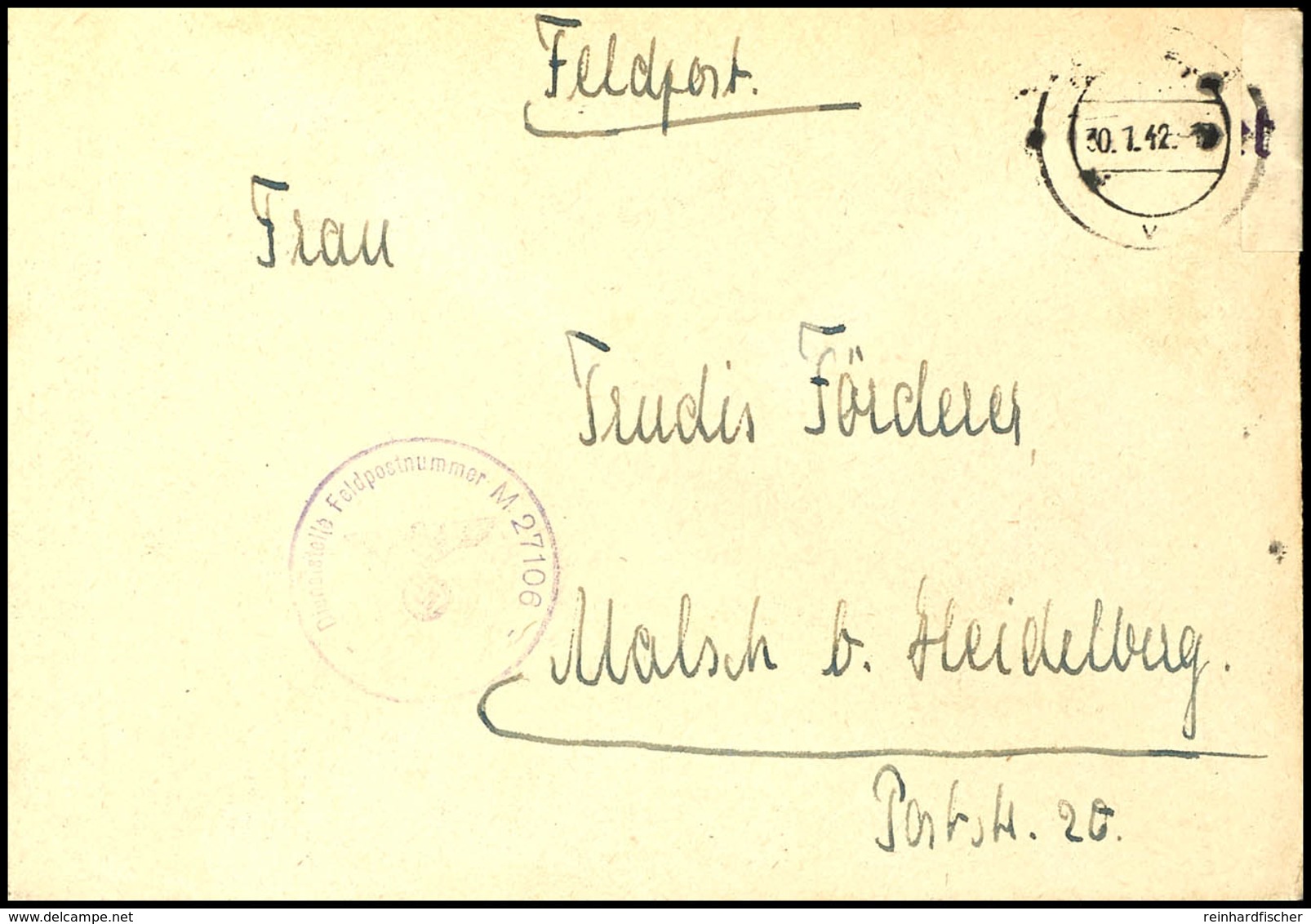 1942, Feldpost-Brief Mit Aptiertem Stpl. Vom 30.1.42 Und Brief-Stpl. Feldpost-Nr. M 27106 = Torpedoboot "Falke" Sowie Mi - Other & Unclassified