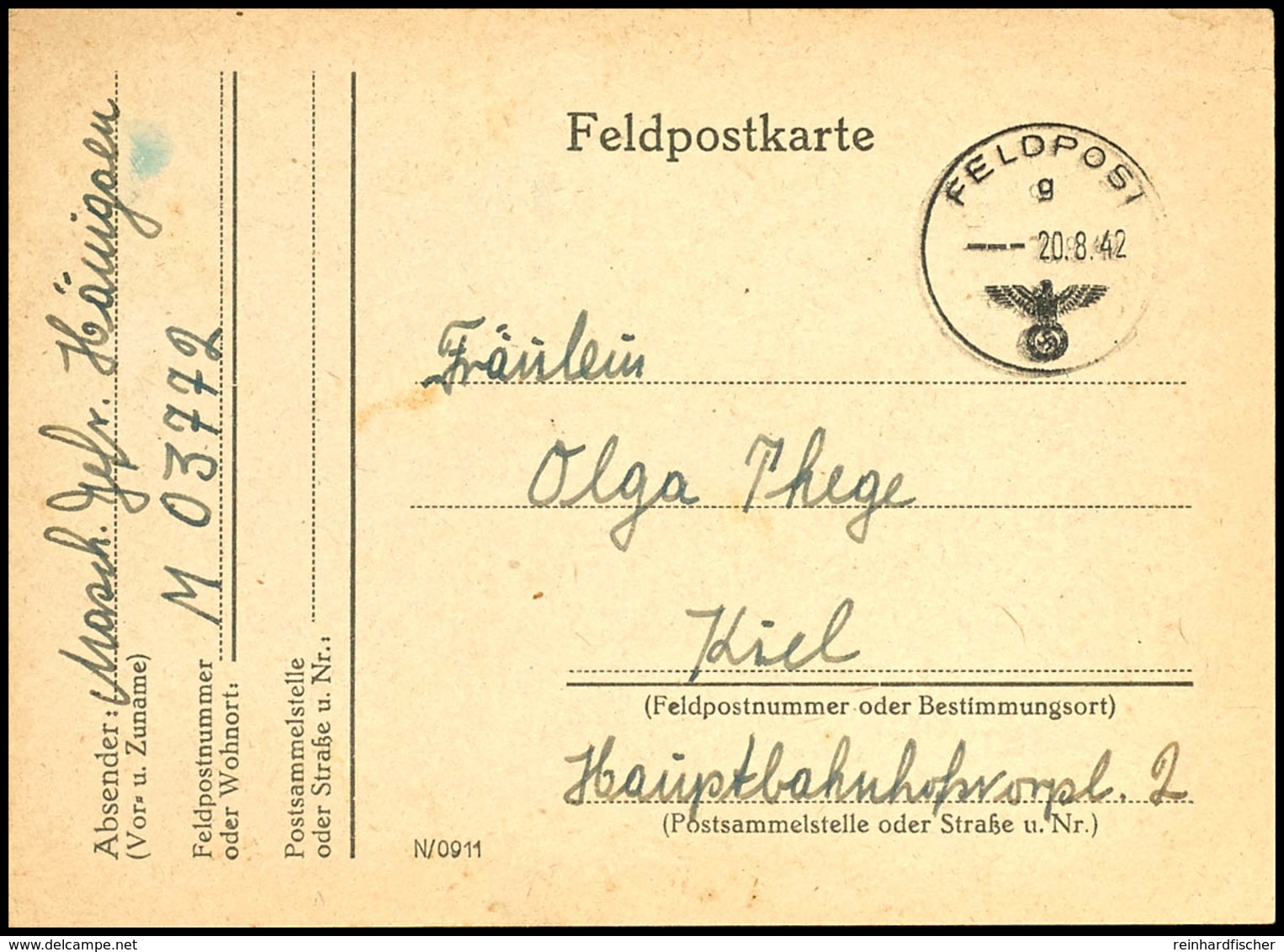 1942, Feldpost-Karte Mit Norm-Stpl. Vom 20.8.42 Sowie Mit Brief-Stpl. Und Absenderangabe Feldpost-Nr. M 03772 = Zerstöre - Altri & Non Classificati