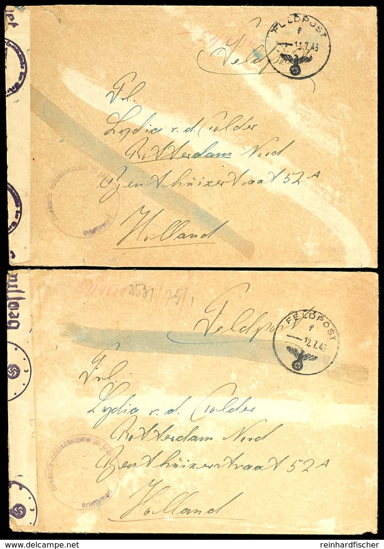 1943, 2 Feldpost-Briefe Mit Norm-Stpl. Vom 12.7.43 Bzw. Vom 13.7.43 Jeweils Mit Brief-Stpl. Und Absenderangabe Feldpost- - Other & Unclassified