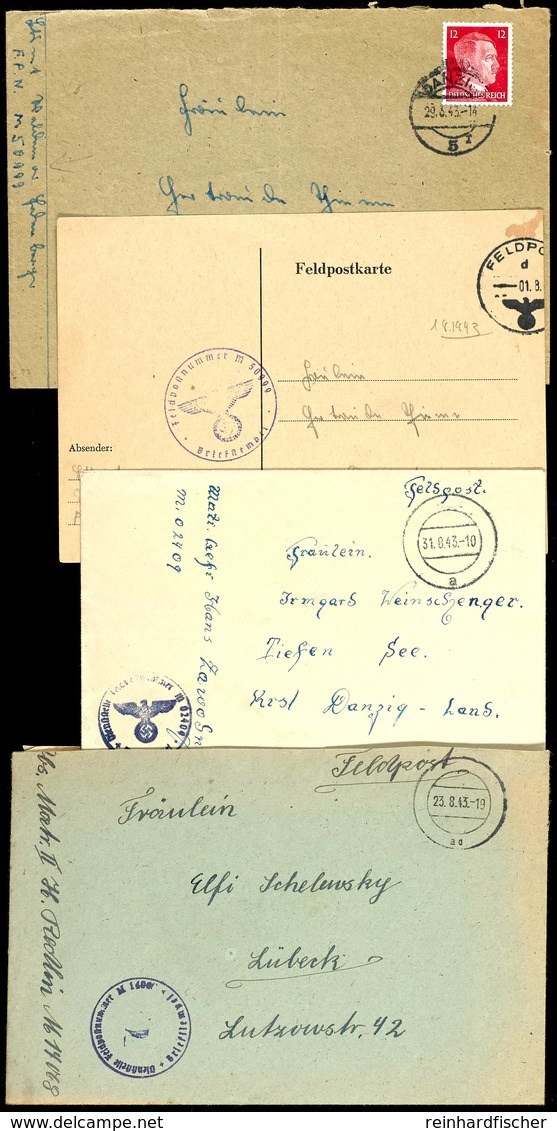 1943, 4 Feldpost-Briefe Bzw. -Karte Der Torpedoboote "T 7"(Fp-Nr. M 14068) Vom 23.8.43, "T 8"(Fp-Nr. M 02409) Vom 31.8.4 - Other & Unclassified