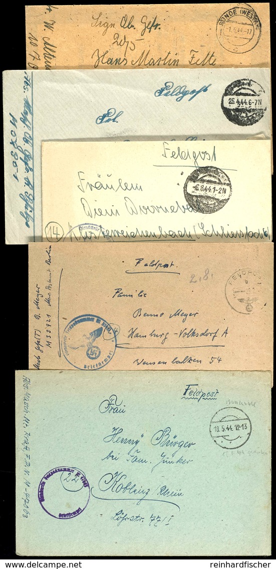 1944, 5 Feldpost-Briefe Der Torpedoboote "T 20"(Fp-Nr. M 47063) Vom 18.5.44, "T 21"(Fp-Nr. M 50384) Vom 1.6.44, "T 22"(F - Other & Unclassified