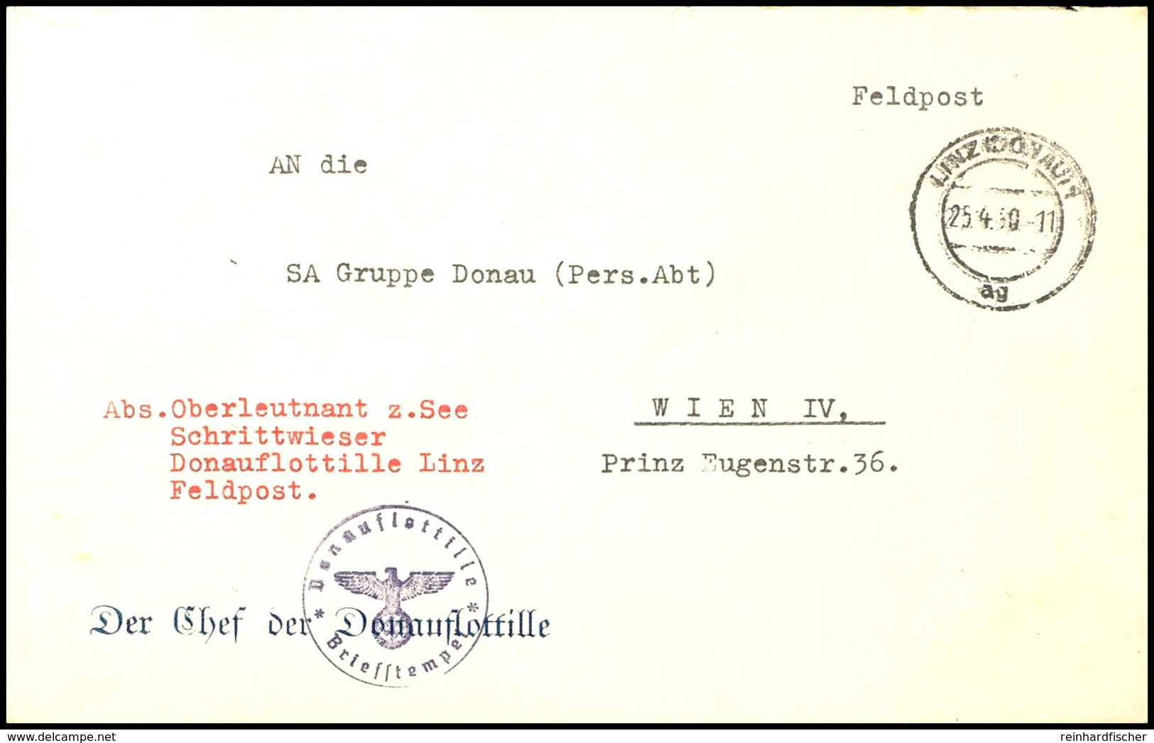 1939, Kriegsmarine, Feldpost-Brief Nach Wien Mit Aufgabe-Stpl. LINZ (DONAU) 1 Vom 25.4.39 Sowie Mit Absenderangabe Und O - Altri & Non Classificati