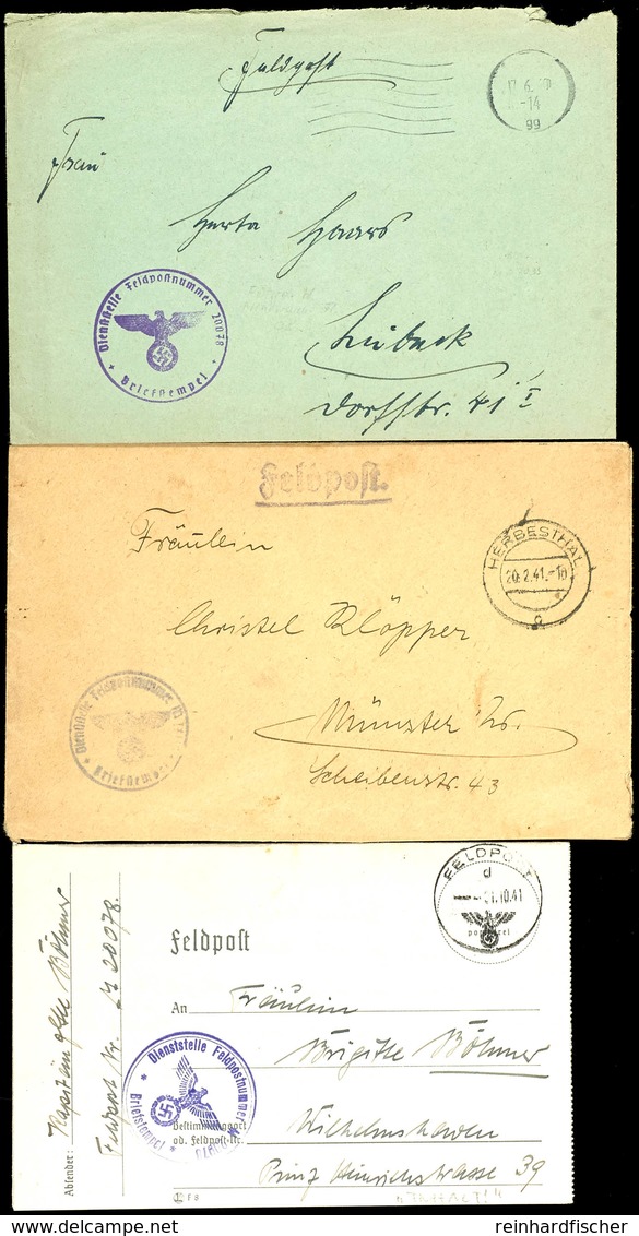 1940/41, 3 Feldpost-Briefe: Feldpost-Brief Mit Inhalt Und Aptiertem Stpl. Vom 17.6.40 Aus Kiel Sowie Mit Brief-Stpl. Fel - Other & Unclassified