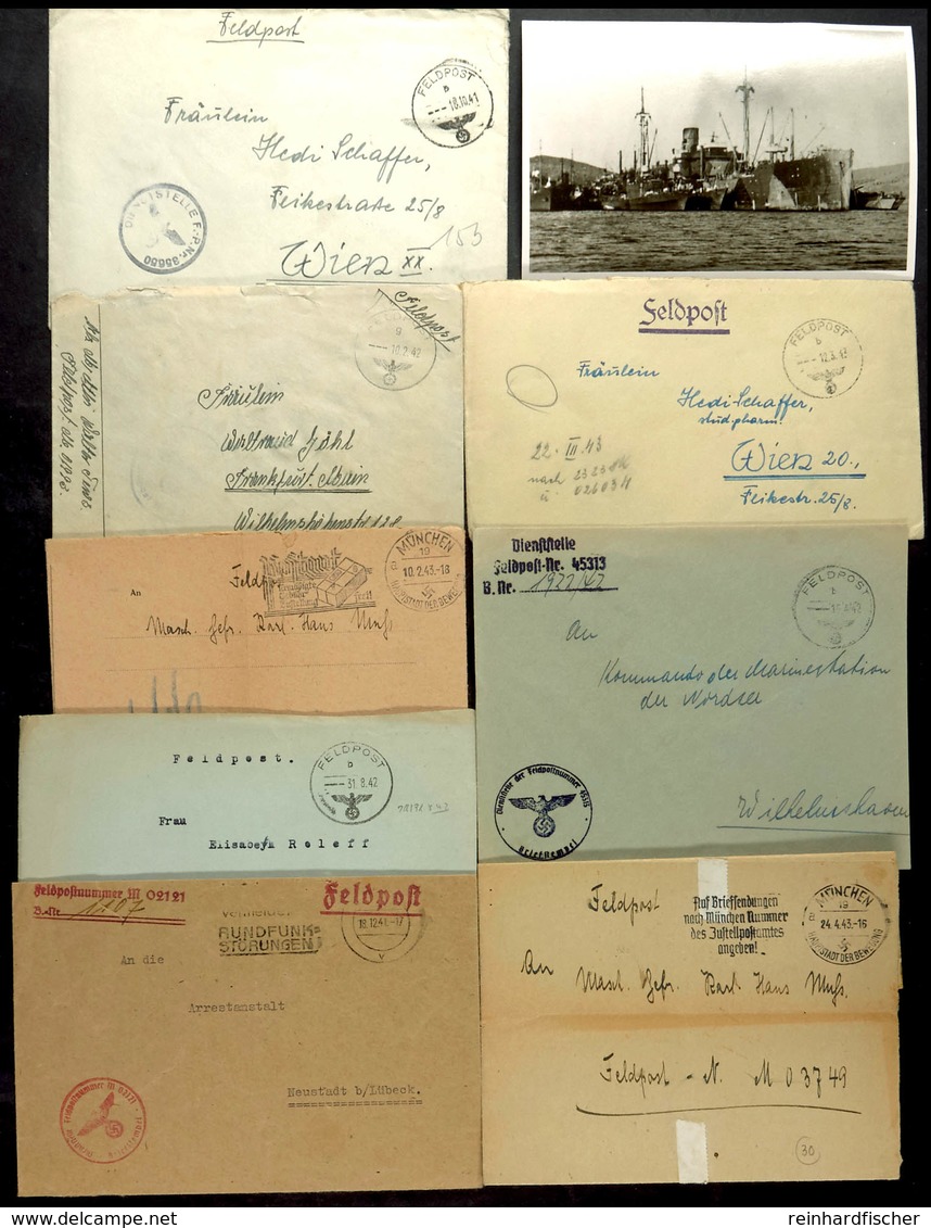 1941/43, Kriegsmarine, 1 Ungebrauchte Ansichtskarte Vom Werkstattschiff "Neumark" Und 8 Feldpostbriefe (zum Teil Mit Inh - Other & Unclassified