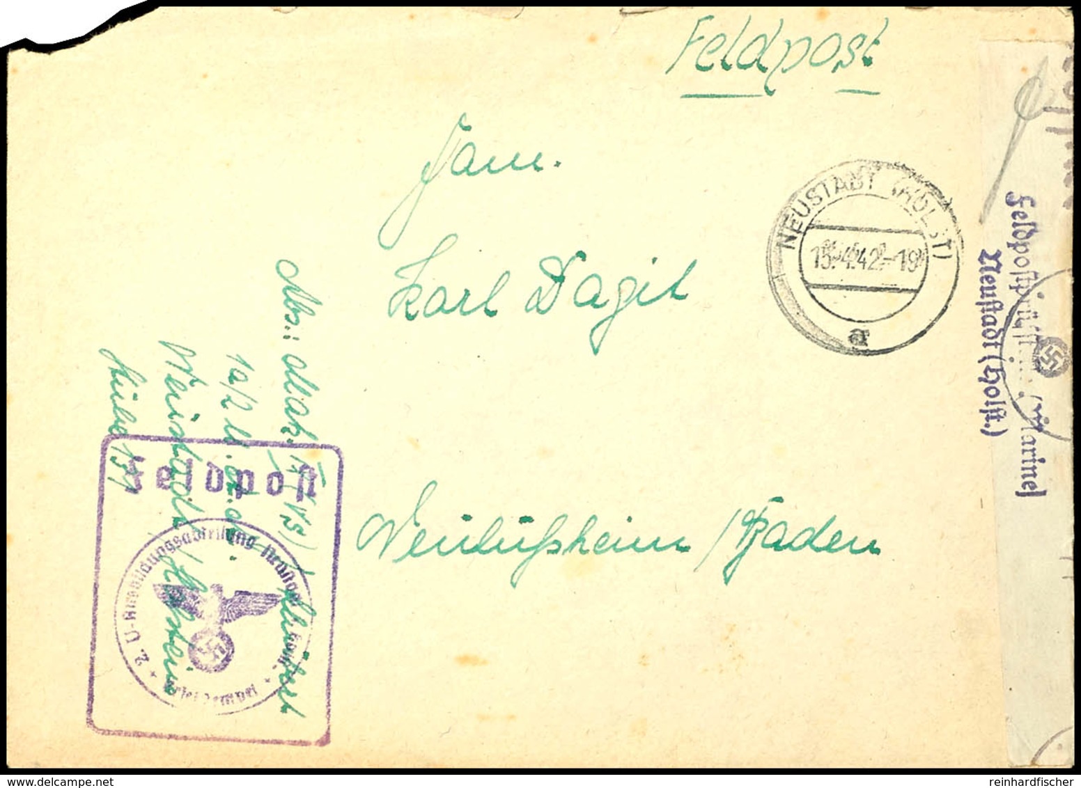 1942, Kriegsmarine, Feldpost-Brief Mit Inhalt Und Aufgabe-Stpl. NEUSTADT (HOLST) Vom 15.4.42 Sowie Mit Brief-Stpl. "2.U- - Other & Unclassified