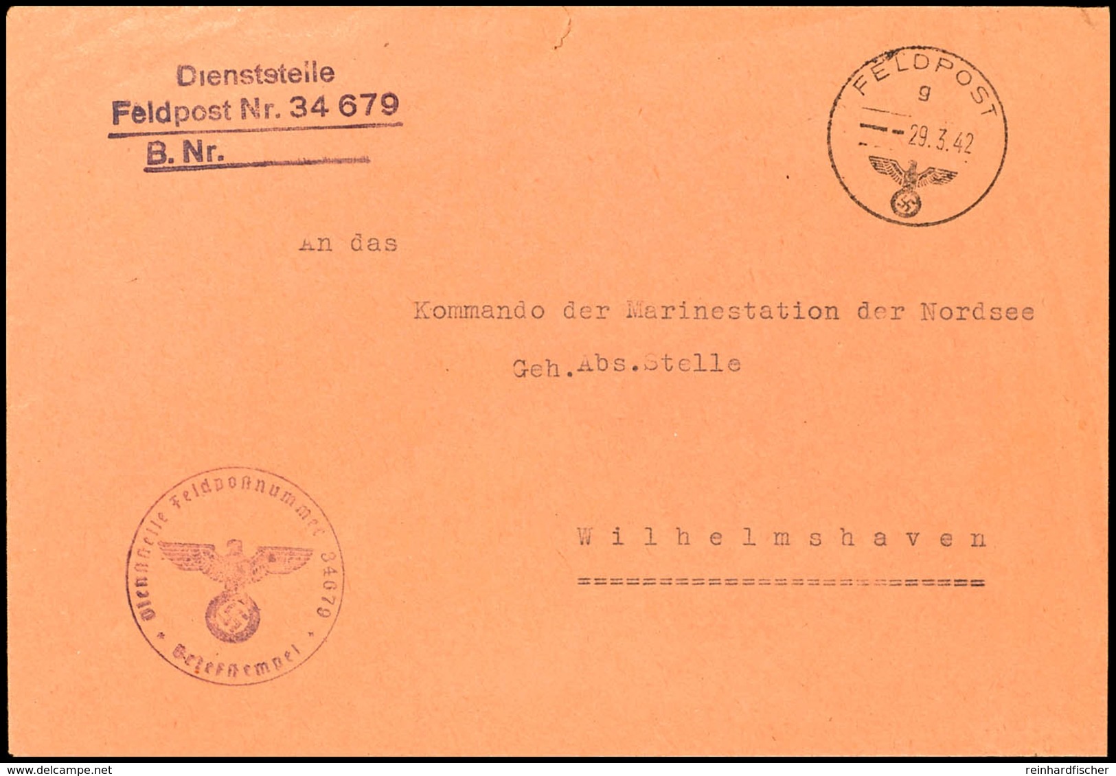 1942, Kriegsmarine, Feldpost-Dienst-Brief Nach Wilhelmshaven Mit Feldpost-Norm-Stpl. Vom 29.3.42 Sowie Mit Absender- Und - Other & Unclassified
