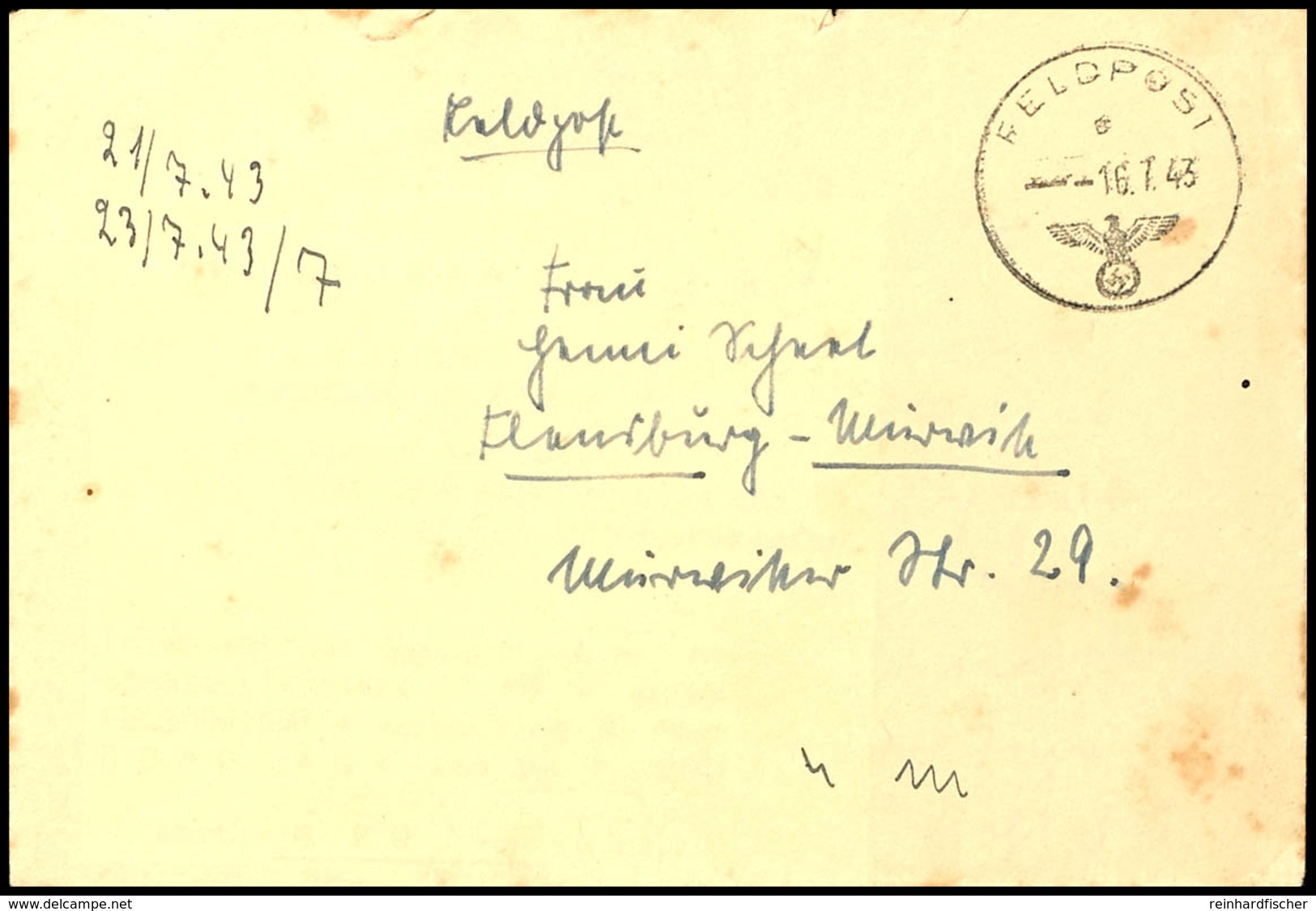 1943, Feldpost-Brief Mit Norm-Stpl. Vom 16.7.43 Sowie Mit Absenderangabe Feldpost-Nr. M 11378 = Zerstörer "Z 23", Der Zu - Other & Unclassified
