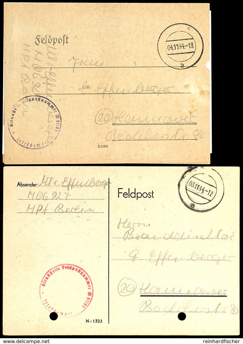 1944, Feldpost-Karte Und Feldpost-Faltbrief Mit Stummem Stpl. Vom 3.11.44 Bzw. Vom 4.11.44 Sowie Mit Absenderangabe Feld - Other & Unclassified
