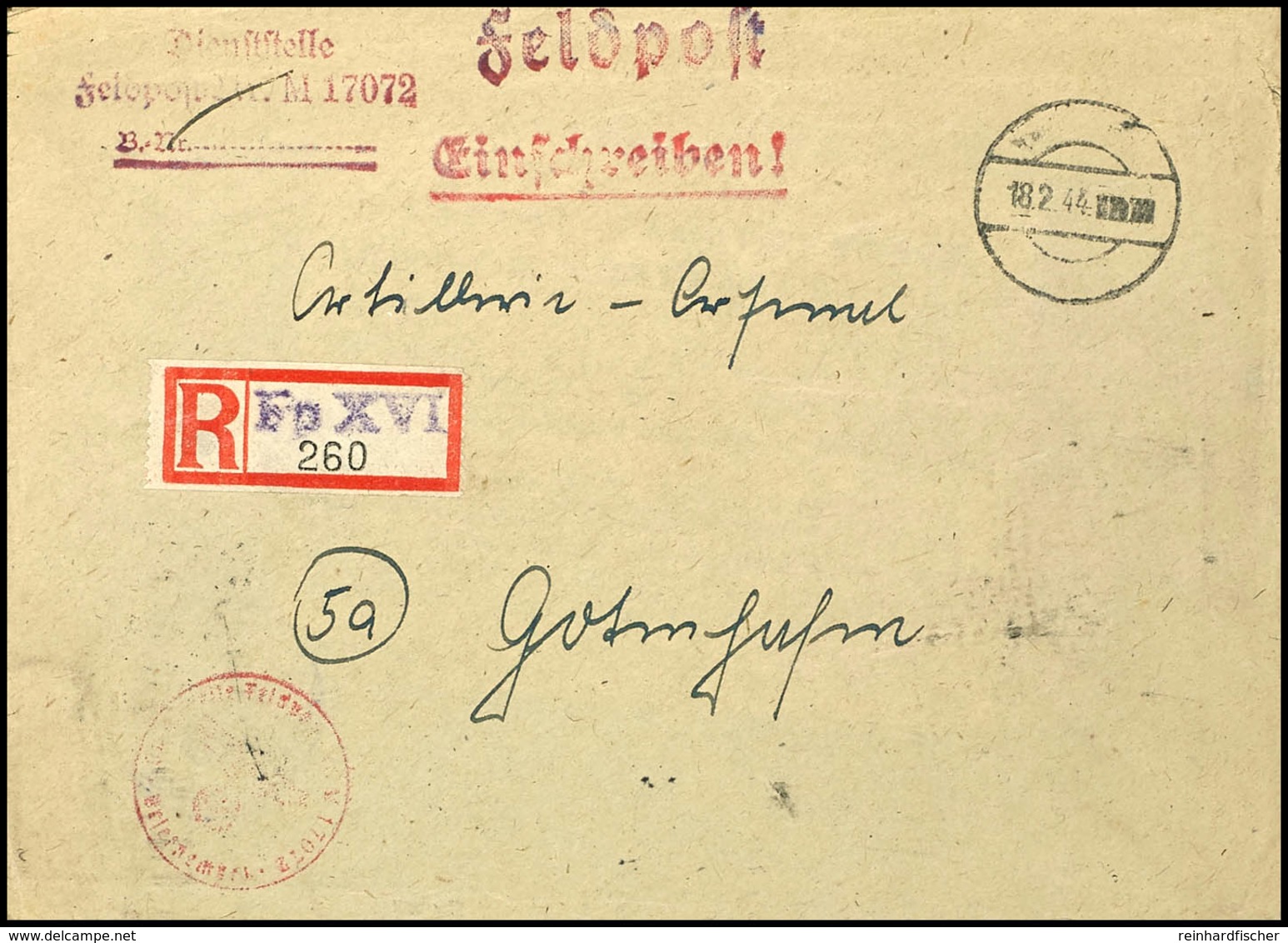 1944, Kriegsmarine, Feldpost-R-Brief An Das Artillerie-Arsenal In Gotenhafen Mit Stummen Aufgabe-Stpl. Vom 18.2.44 Und F - Other & Unclassified