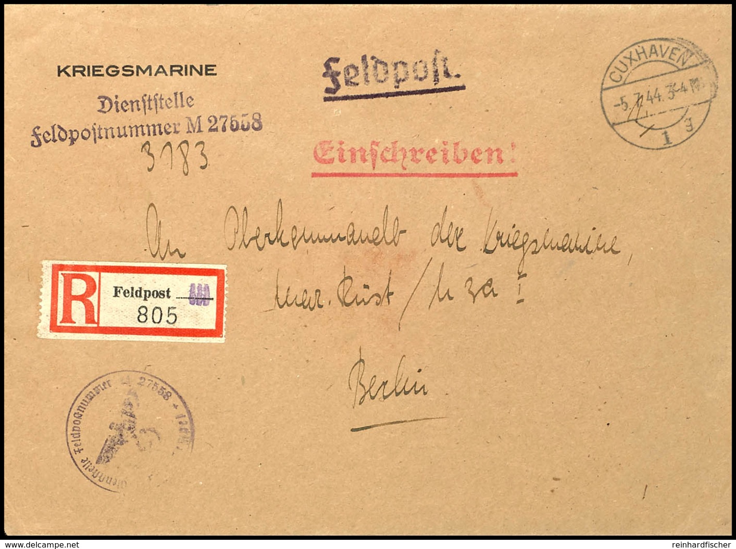 1944, Kriegsmarine, Feldpost-R-Brief An Das Oberkommando Der Kriegsmarine In Berlin Mit Aufgabe-Stpl. CUXHAVEN 1 Vom 5.7 - Other & Unclassified
