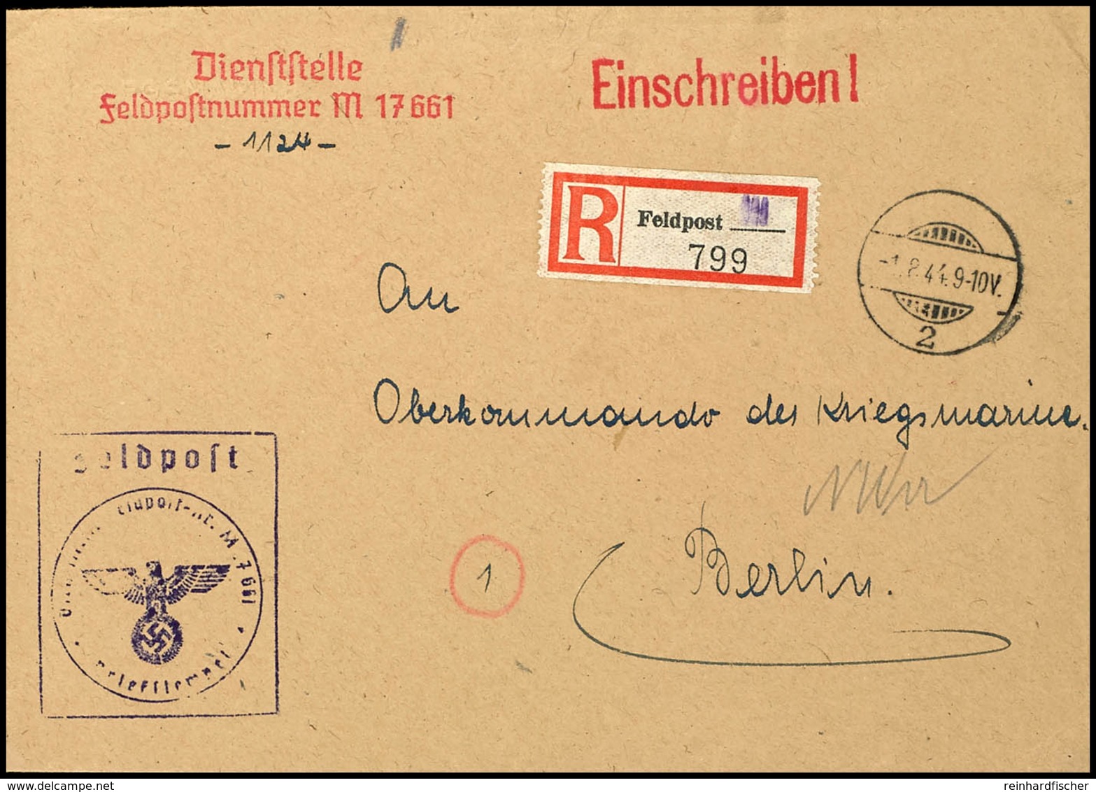 1944, Kriegsmarine, Feldpost-R-Brief An Das Oberkommando Der Kriegsmarine In Berlin Mit Stummen Aufgabe-Stpl. Vom 1.8.44 - Other & Unclassified