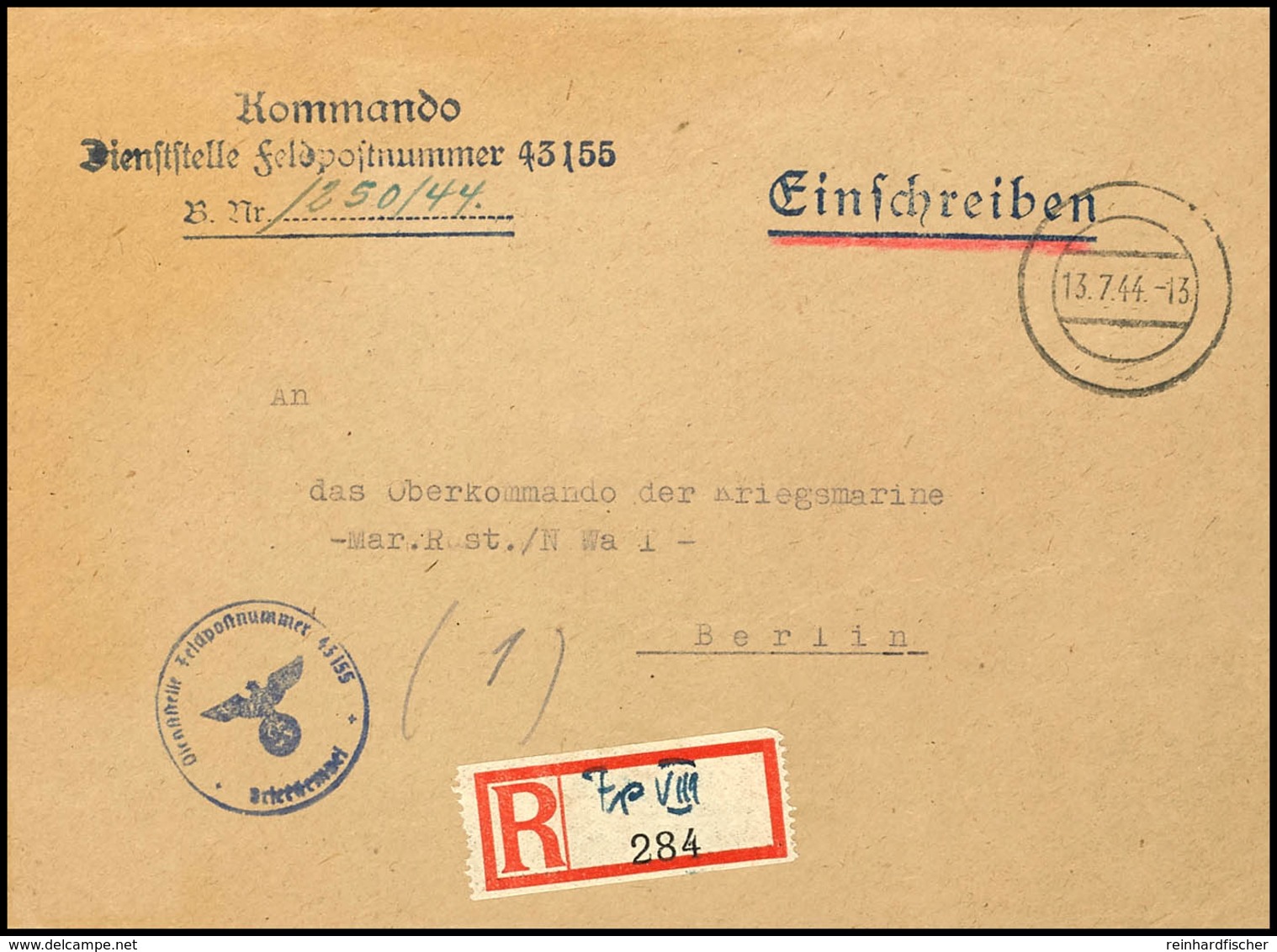 1944, Kriegsmarine, Feldpost-R-Brief An Das Oberkommando Der Kriegsmarine In Berlin Mit Stummen Aufgabe-Stpl. Vom 13.7.4 - Other & Unclassified