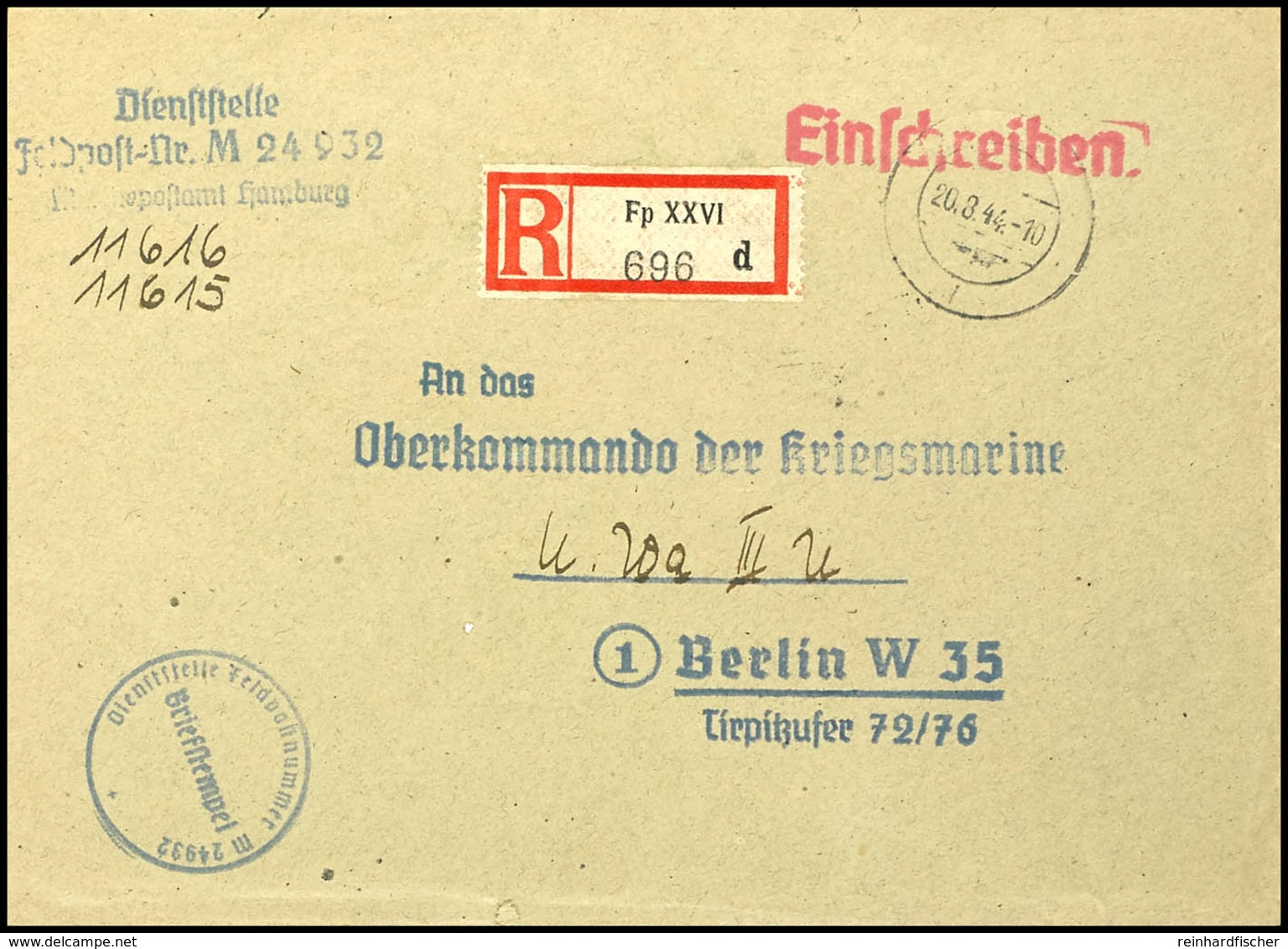 1944, Kriegsmarine, Feldpost-R-Brief An Das Oberkommando Der Kriegsmarine In Berlin Mit Stummen Aufgabe-Stpl. Vom 20.8.4 - Altri & Non Classificati