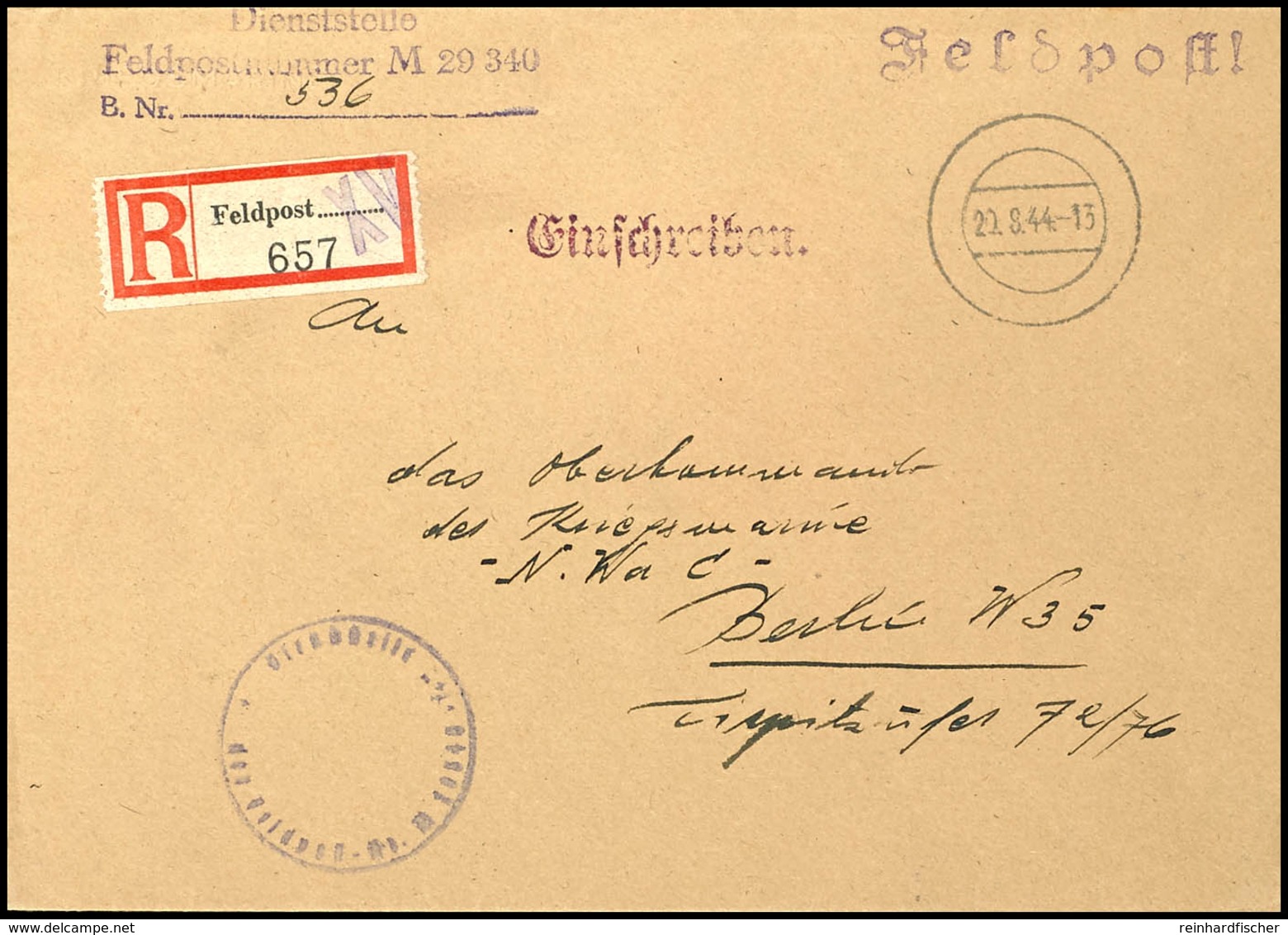 1944, Kriegsmarine, Feldpost-R-Brief An Das Oberkommando Der Kriegsmarine In Berlin Mit Stummen Aufgabe-Stpl. Vom 20.8.4 - Other & Unclassified