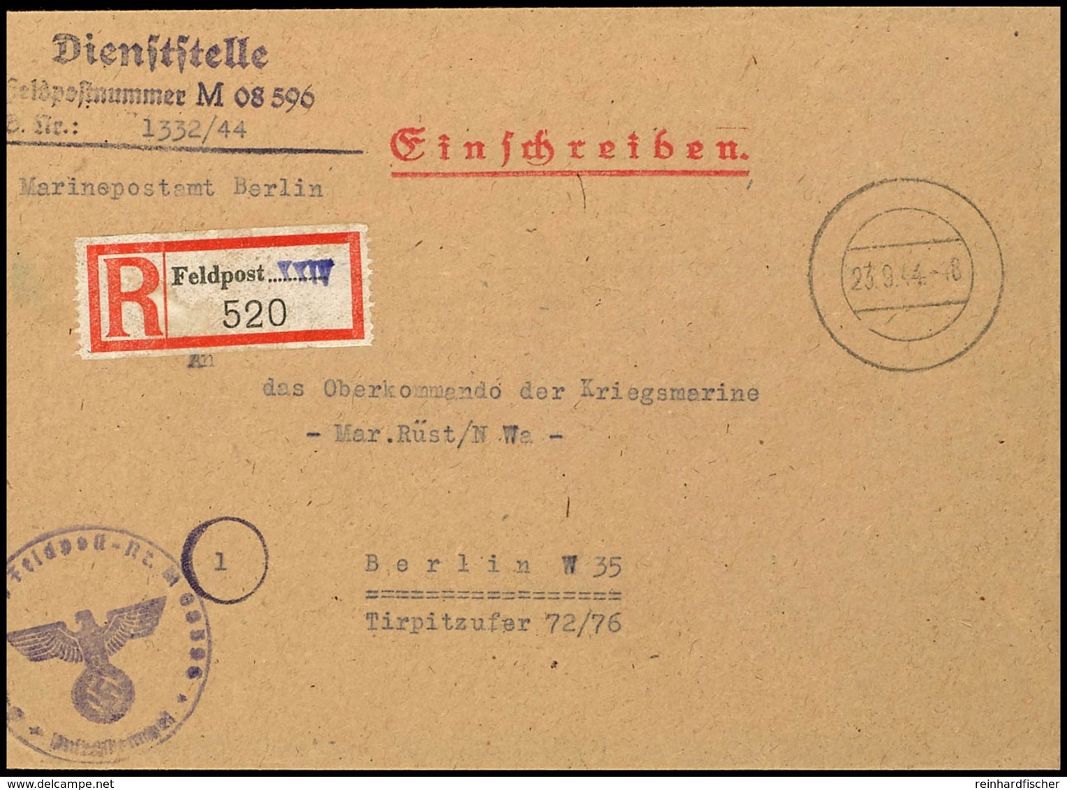 1944, Kriegsmarine, Feldpost-R-Brief An Das Oberkommando Der Kriegsmarine In Berlin Mit Stummen Aufgabe-Stpl. Vom 23.9.4 - Other & Unclassified