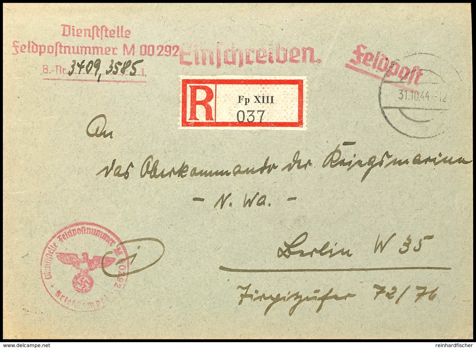 1944, Kriegsmarine, Feldpost-R-Brief An Das Oberkommando Der Kriegsmarine In Berlin Mit Stummen Aufgabe-Stpl. Vom 31.10. - Other & Unclassified