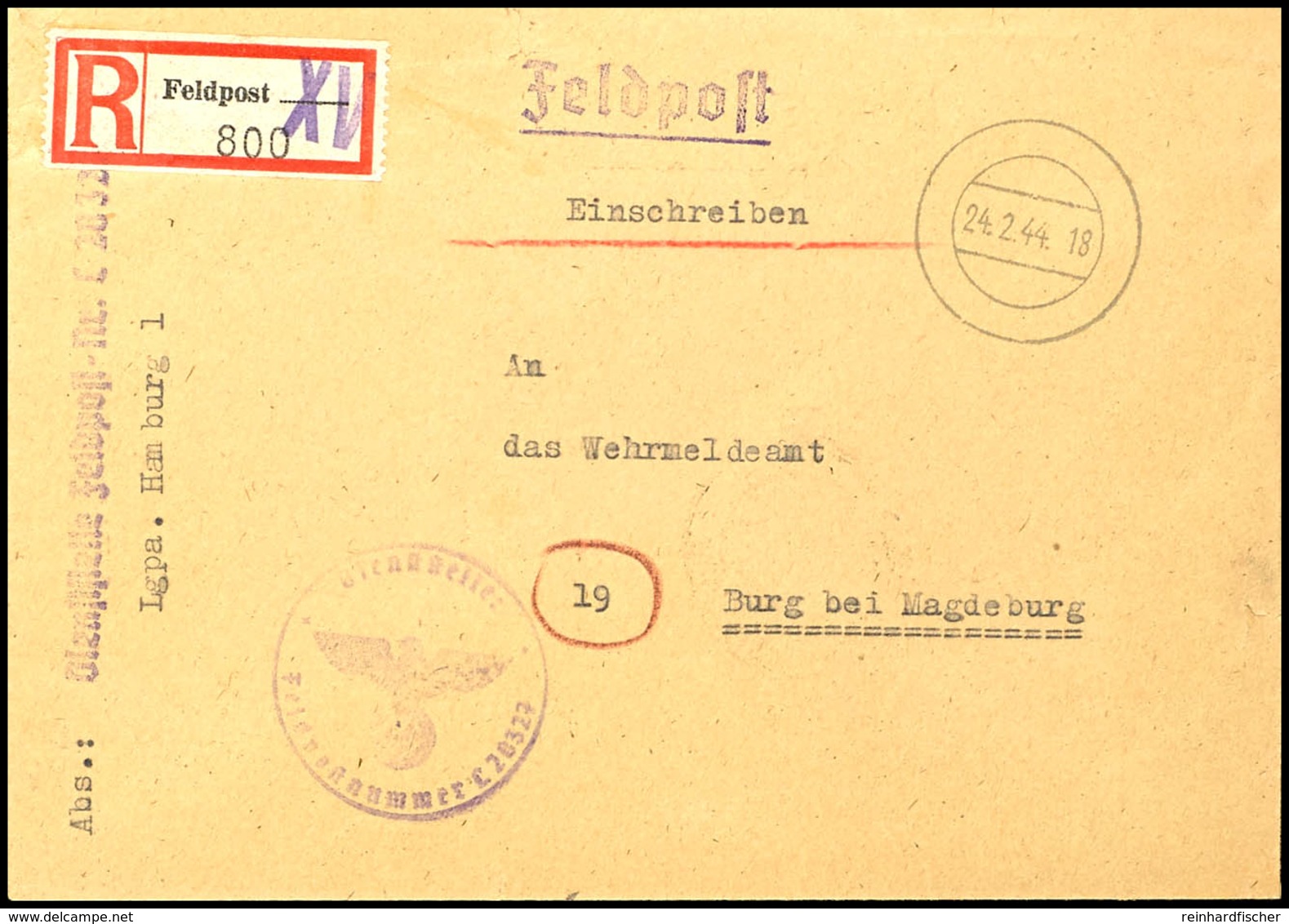 1944, Kriegsmarine, Feldpost-R-Brief An Das Wehrmeldeamt In Burg Bei Magdeburg Mit Stummen Aufgabe-Stpl. Vom 24.2.44 Und - Other & Unclassified