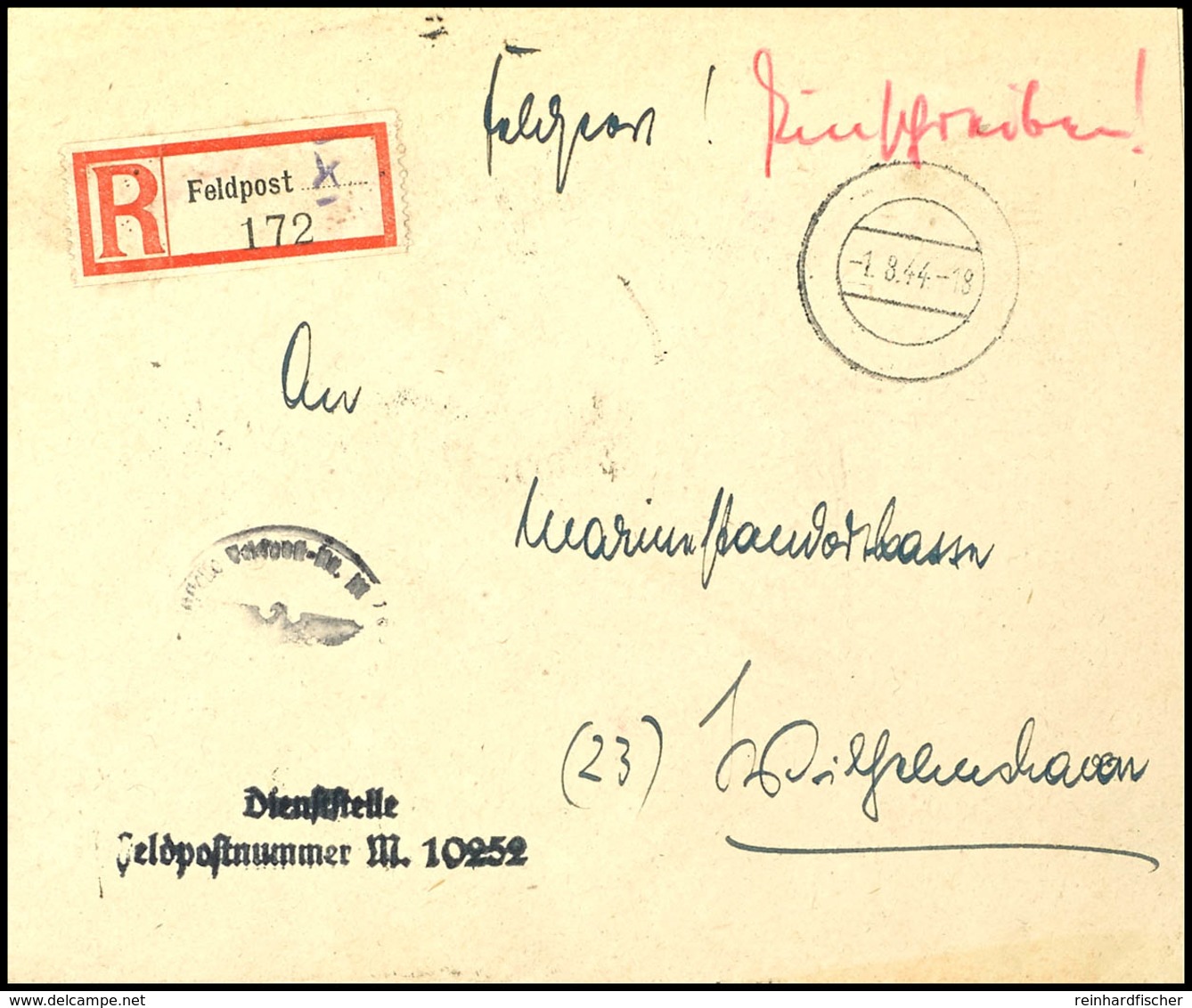 1944, Kriegsmarine, Feldpost-R-Brief An Die Marinestandortkasse In Wilhelmshaven Mit Stummen Aufgabe-Stpl. Vom 1.8.44 Un - Other & Unclassified