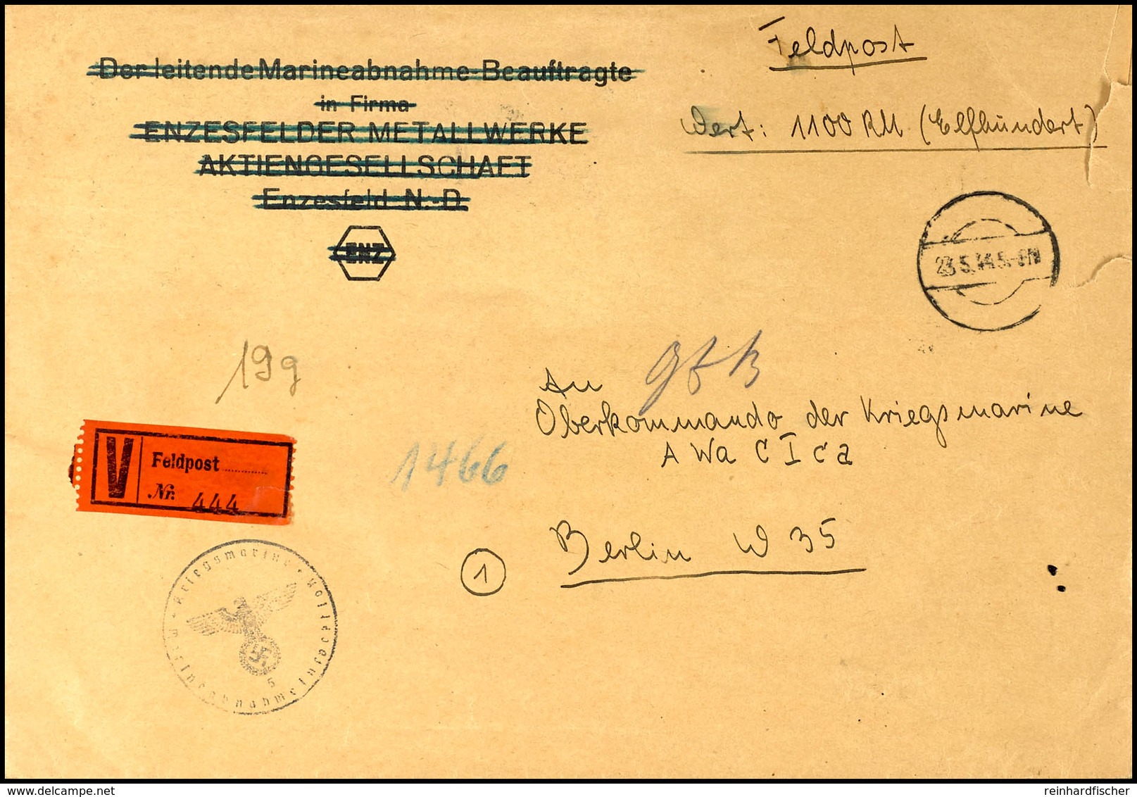 1944, Kriegsmarine, Feldpost-Wert-Brief (DIN A5-Format) über RM 1.100,00 An Das Oberkommando Der Kriegsmarine In Berlin  - Other & Unclassified