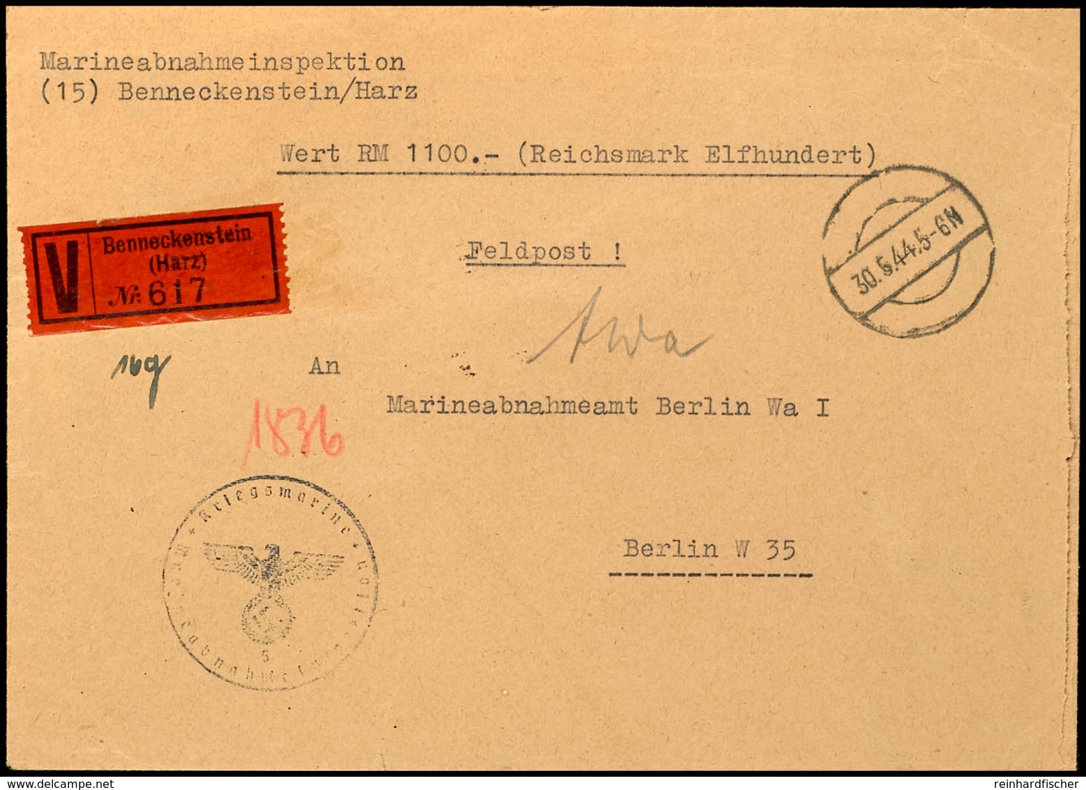 1944, Kriegsmarine, Feldpost-Wert-Brief über RM 1.100,00 An Das Marineabnahmeamt In Berlin Mit Stummen Stpl. Vom 30.5.44 - Other & Unclassified