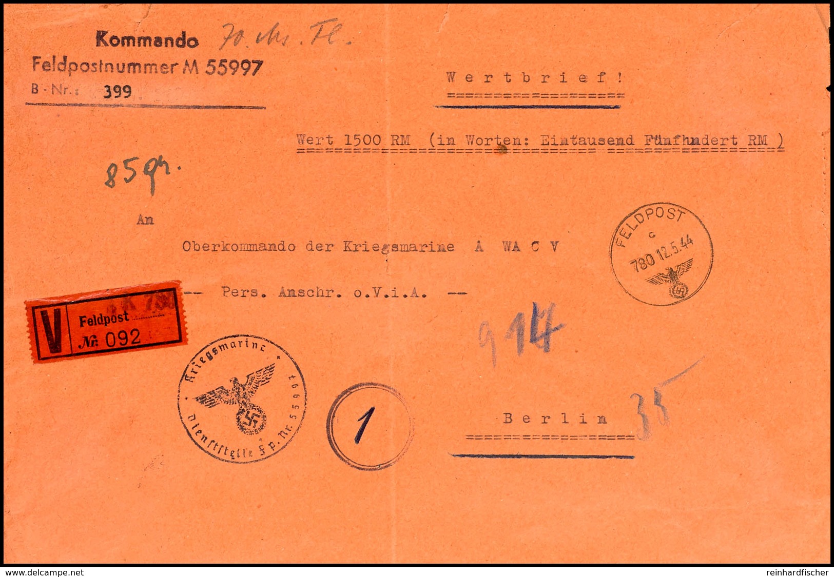 1944, Kriegsmarine, Feldpost-Wert-Brief über RM 1.500,00 Vom 12.5.44 Mit K-Nr. 780 (= Zweig-Feldpostamt 731 In Genua In  - Other & Unclassified