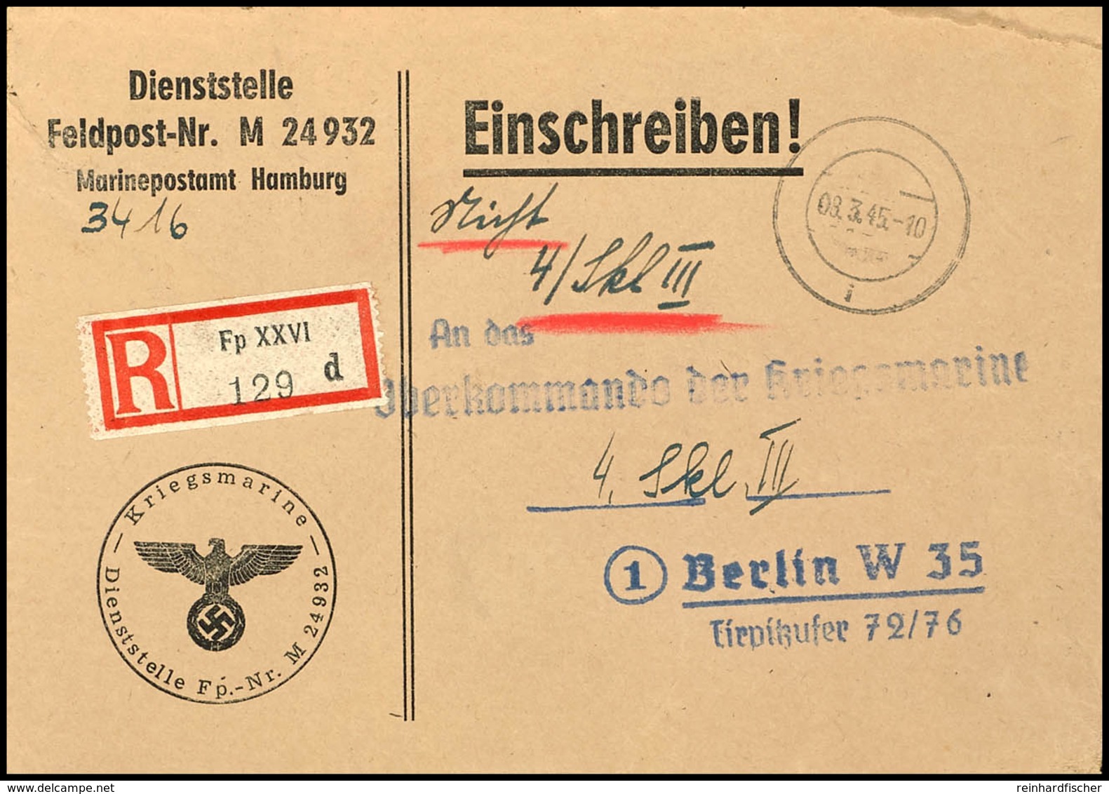 1945, Kriegsmarine, Feldpost-R-Brief (Vordruckumschlag) Von Der Dienststelle Feldpost-Nr. M 24932 Marinepostamt Hamburg  - Other & Unclassified