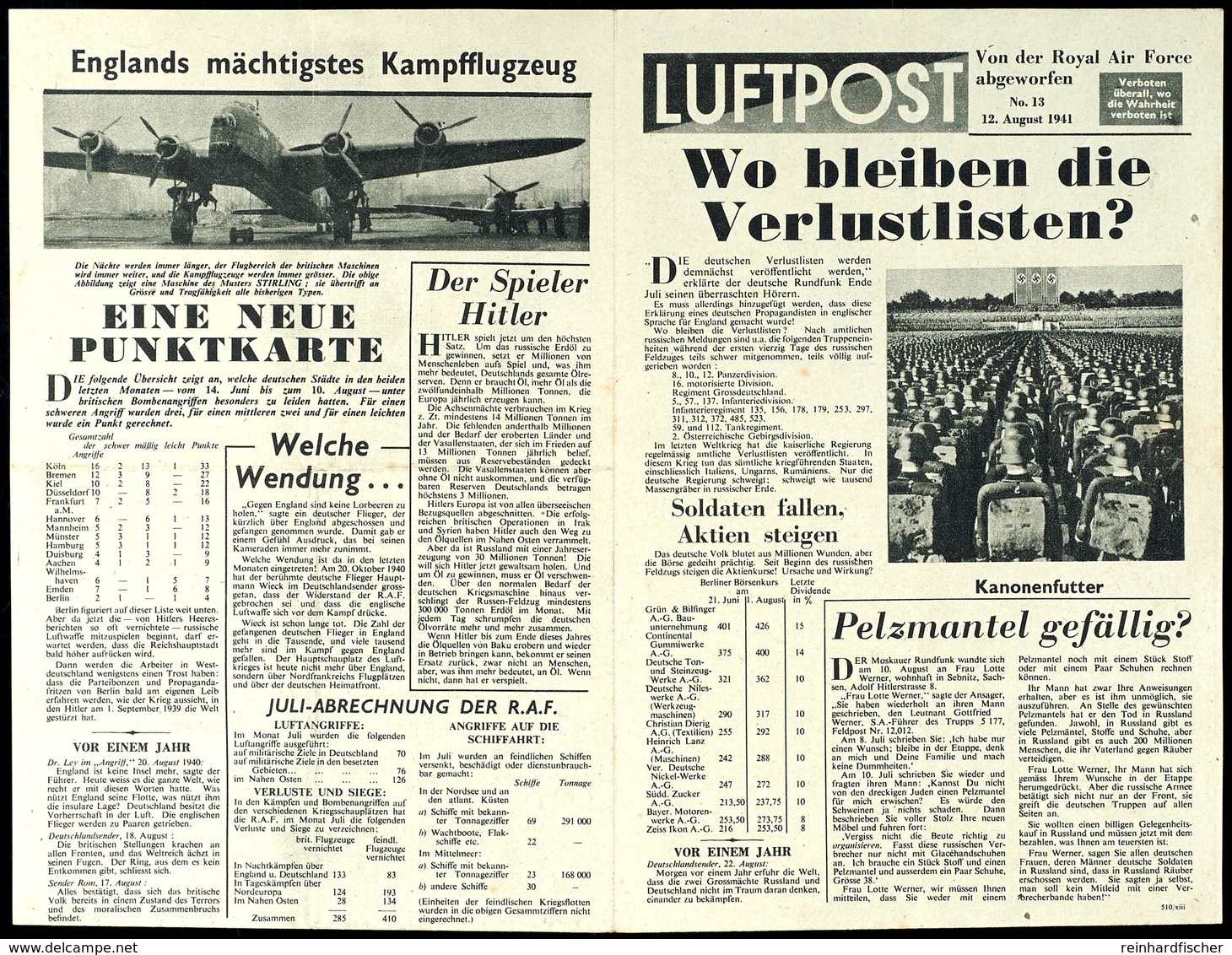 1941, Alliiertes Propaganda-Flugblatt "LUFTPOST / Von Der Royal Air Force Abgeworfen", 4seitig Mit Zahlreichen Texten Un - Other & Unclassified