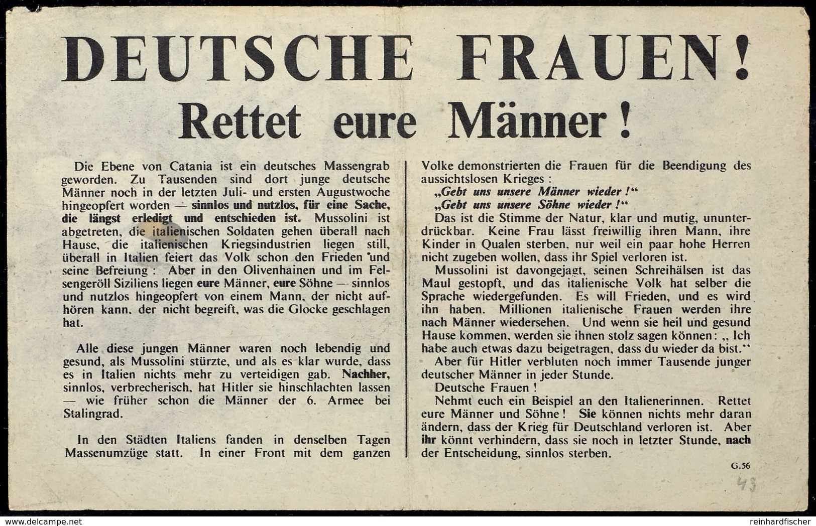 1944, Alliiertes Propaganda-Flugblatt "Deutsche Frauen! / Rettet Eure Männer" Zur Italien Invasion Der Alliierten Streit - Altri & Non Classificati