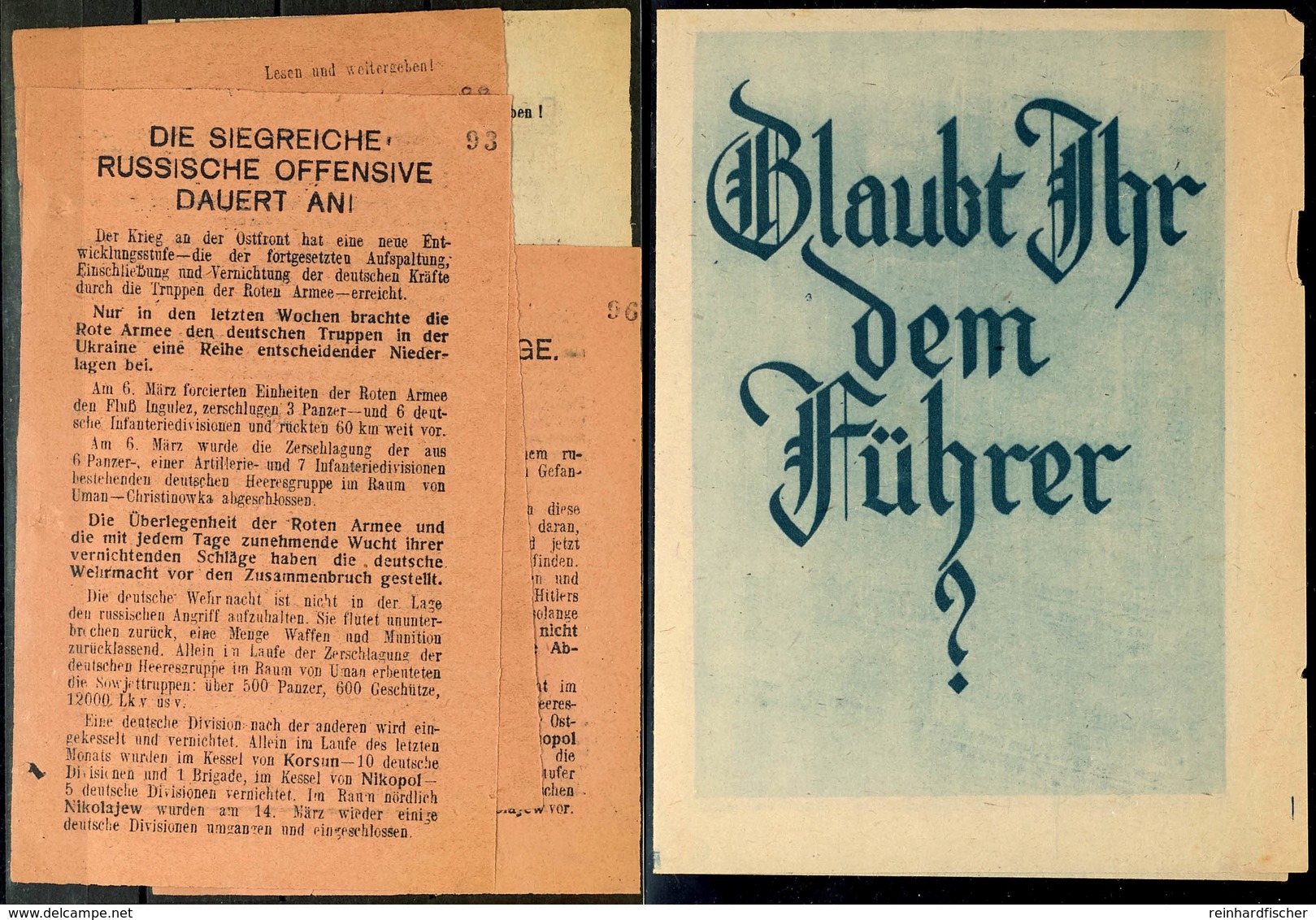 Russisches Blatt "Glaubt Ihr Dem Führer", Gefaltetes Din A4 Blatt Sowie Vier Weitere Flugblätter ( Bei Diesen Jedoch Ech - Altri & Non Classificati