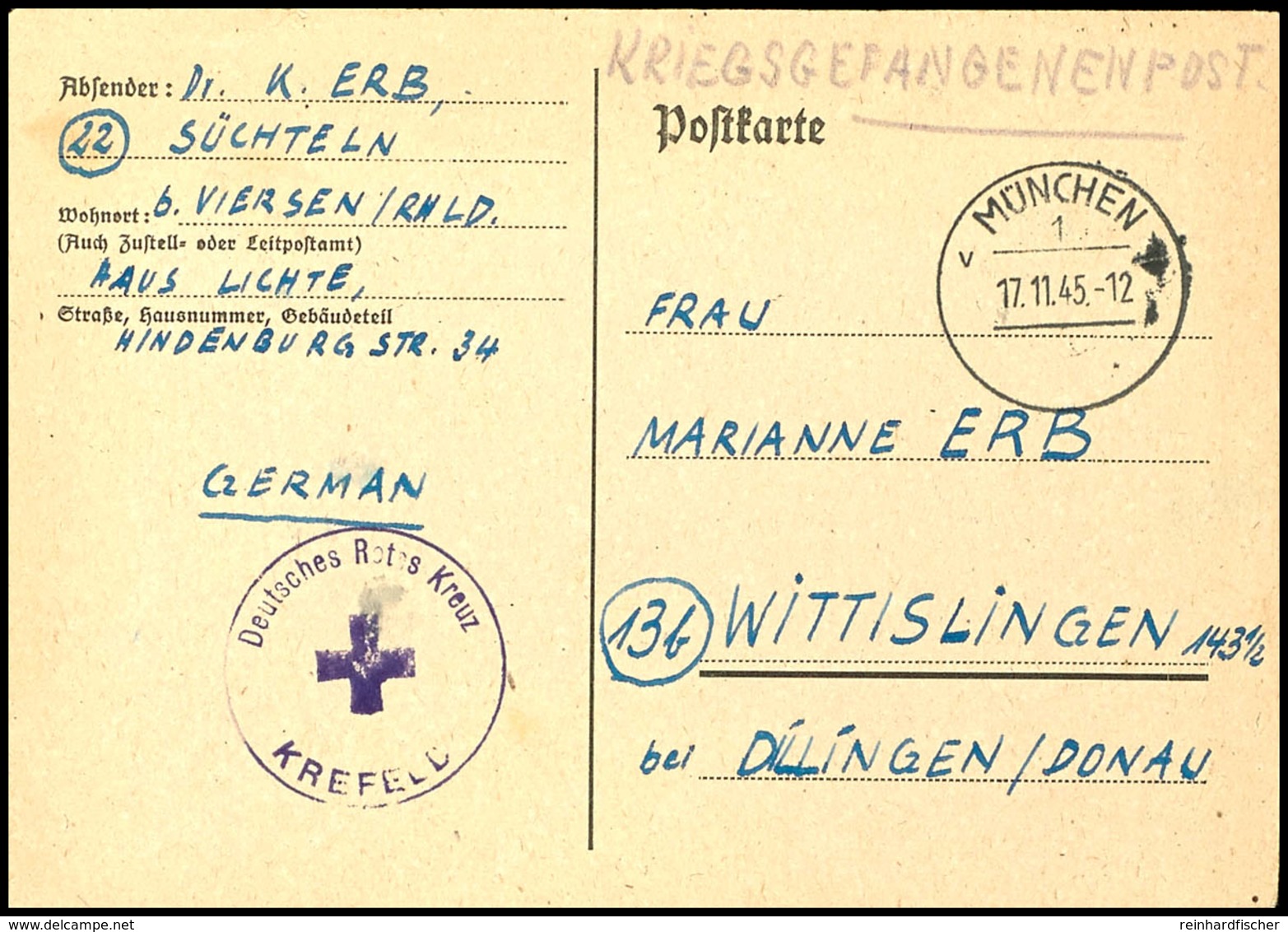 1945, Portofreie KGF-Karte "München 17.11.45" Nach Dillingen, Der Absender Jedoch Aus "Süchteln Bei Viersen" Und Diensts - Other & Unclassified