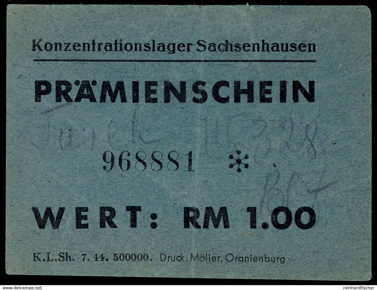 Oranienburg Sachsenhausen, Prämienschein 1,00 RM, Zirkuliert. - Other & Unclassified