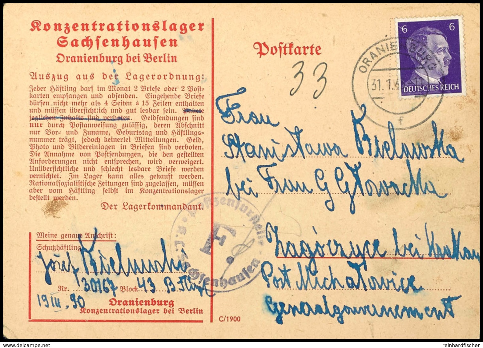 Oranienburg Sachsenhausen, Häftlings-Vordruckkarte Aus Block 43, Frankiert Mit 6 Pfg Hitler, Januar 1942, Lagerzensur "F - Other & Unclassified
