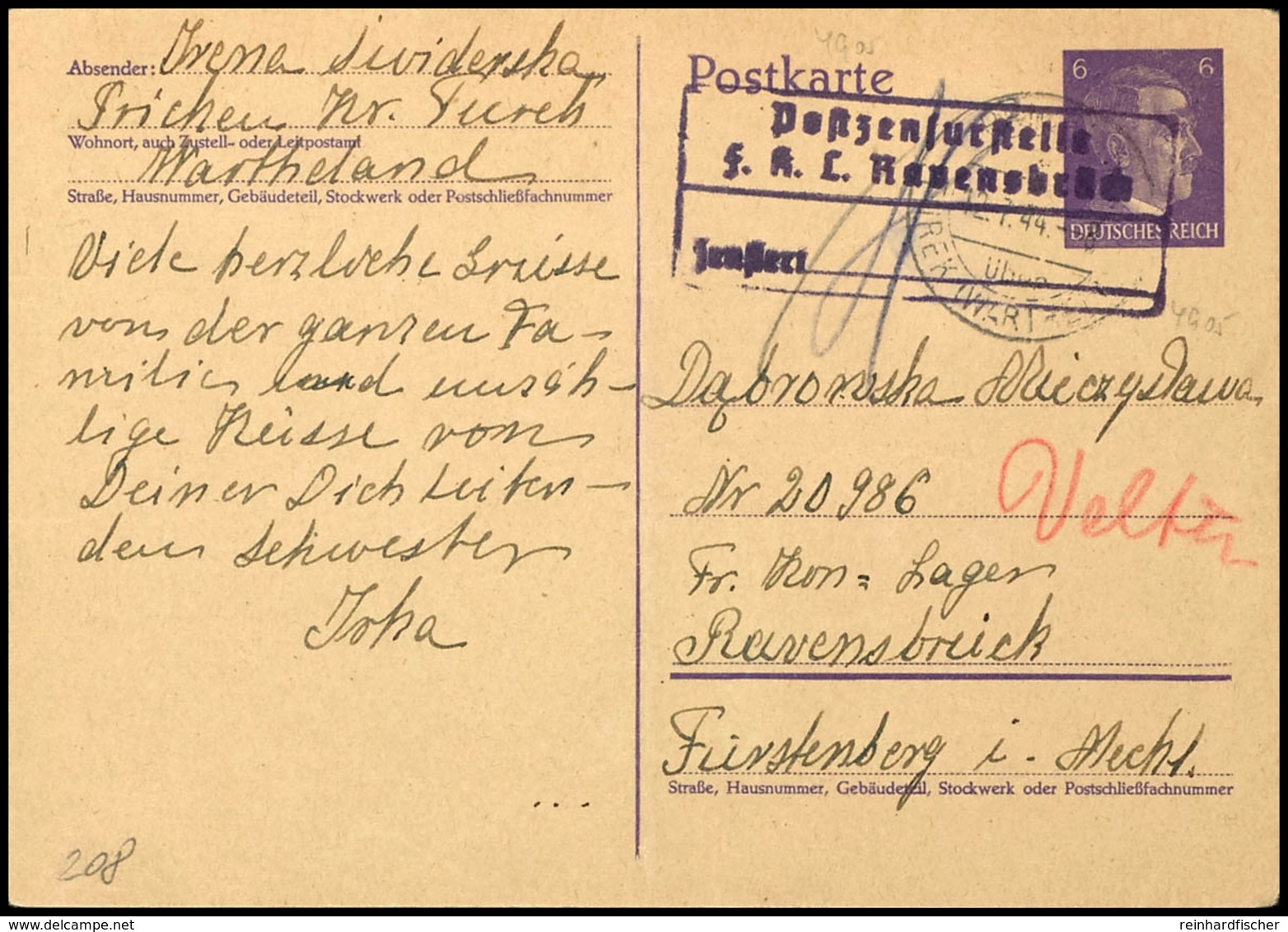 RAVENSBRÜCK, Frauen-Konzentrationslager, Ganzsachenkarte 6 Pfg  Hitler Mit Lagereingangszensur, Sehr Dekorativ.  BF - Other & Unclassified