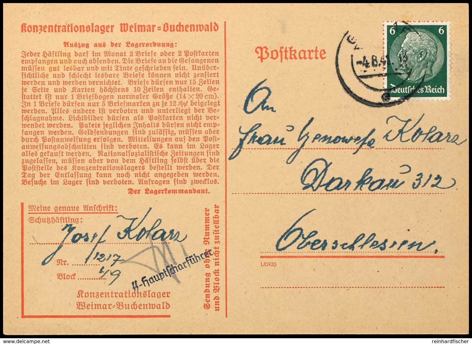 Weimar-Buchenwald, Häftlings-Vordruckkarte Aus Block 49, Frankiert Mit 6 Pfg Hindenburg, August 1941, Mit Zensurstempel  - Altri & Non Classificati