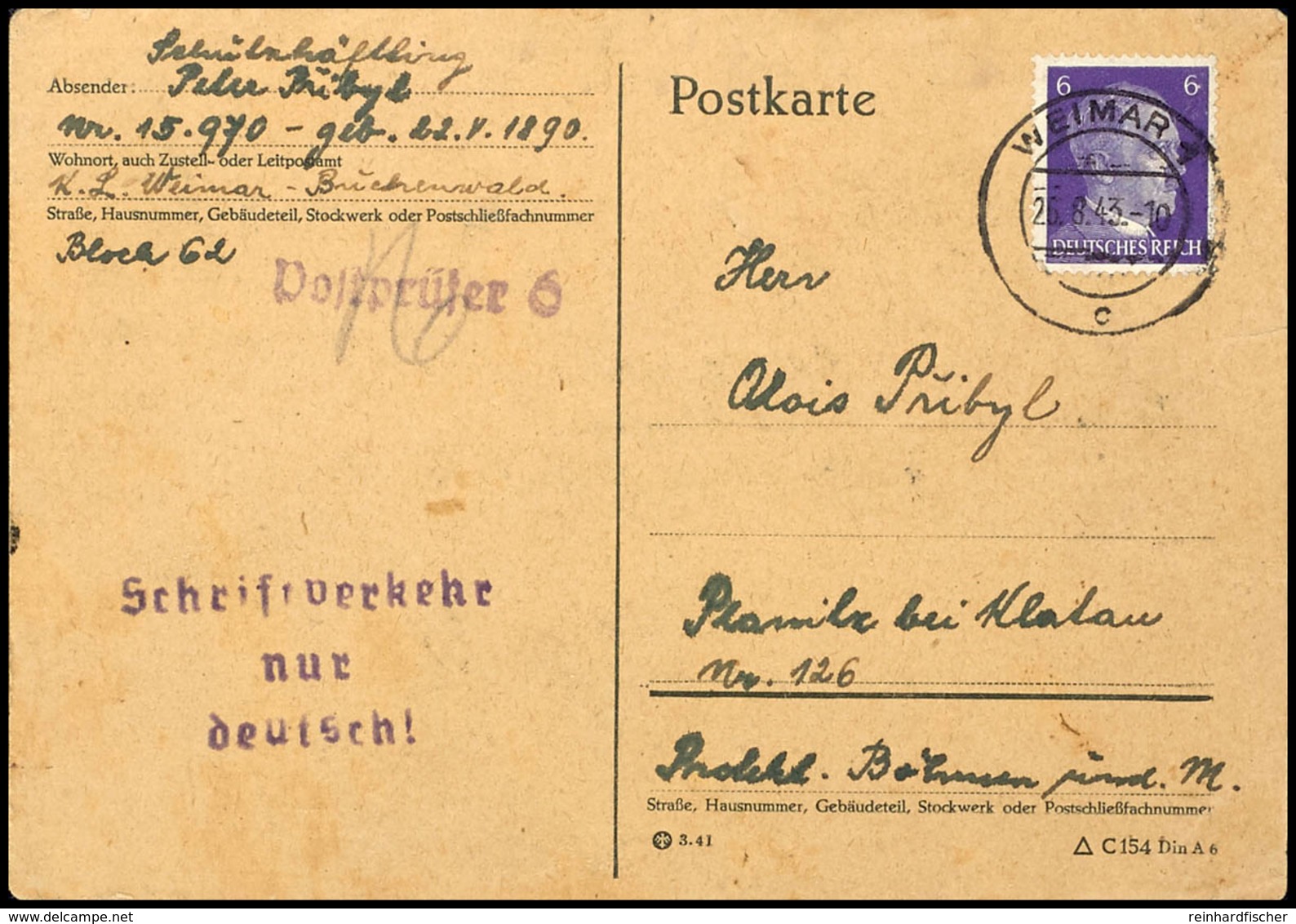 Weimar-Buchenwald, Reichspost-Karte Ohne Vordruck Als Häftlingskarte Mit Stempel "Schriftverkehr Nur Deutsch!", Aus Bloc - Altri & Non Classificati