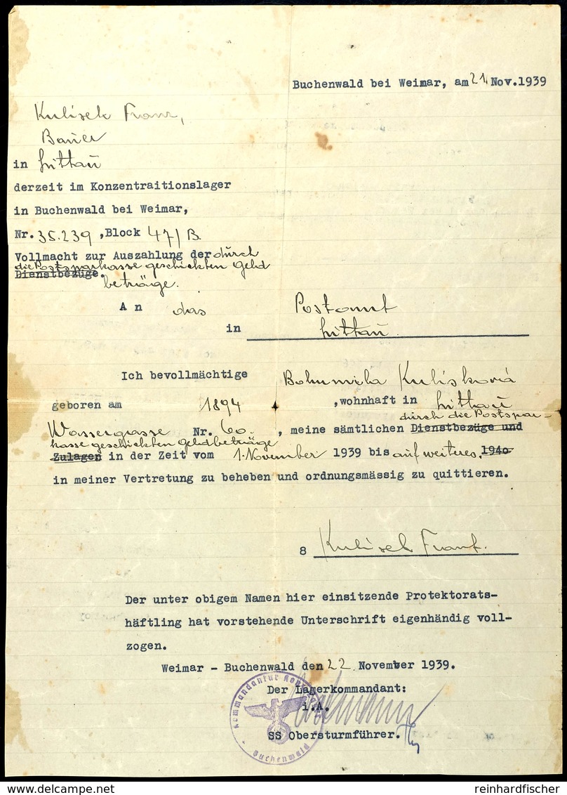 Weimar-Buchenwald, Vollmacht Eines Häftlings Für Bankgeschäfte Durch Postamt Littau, November 1939 - Altri & Non Classificati