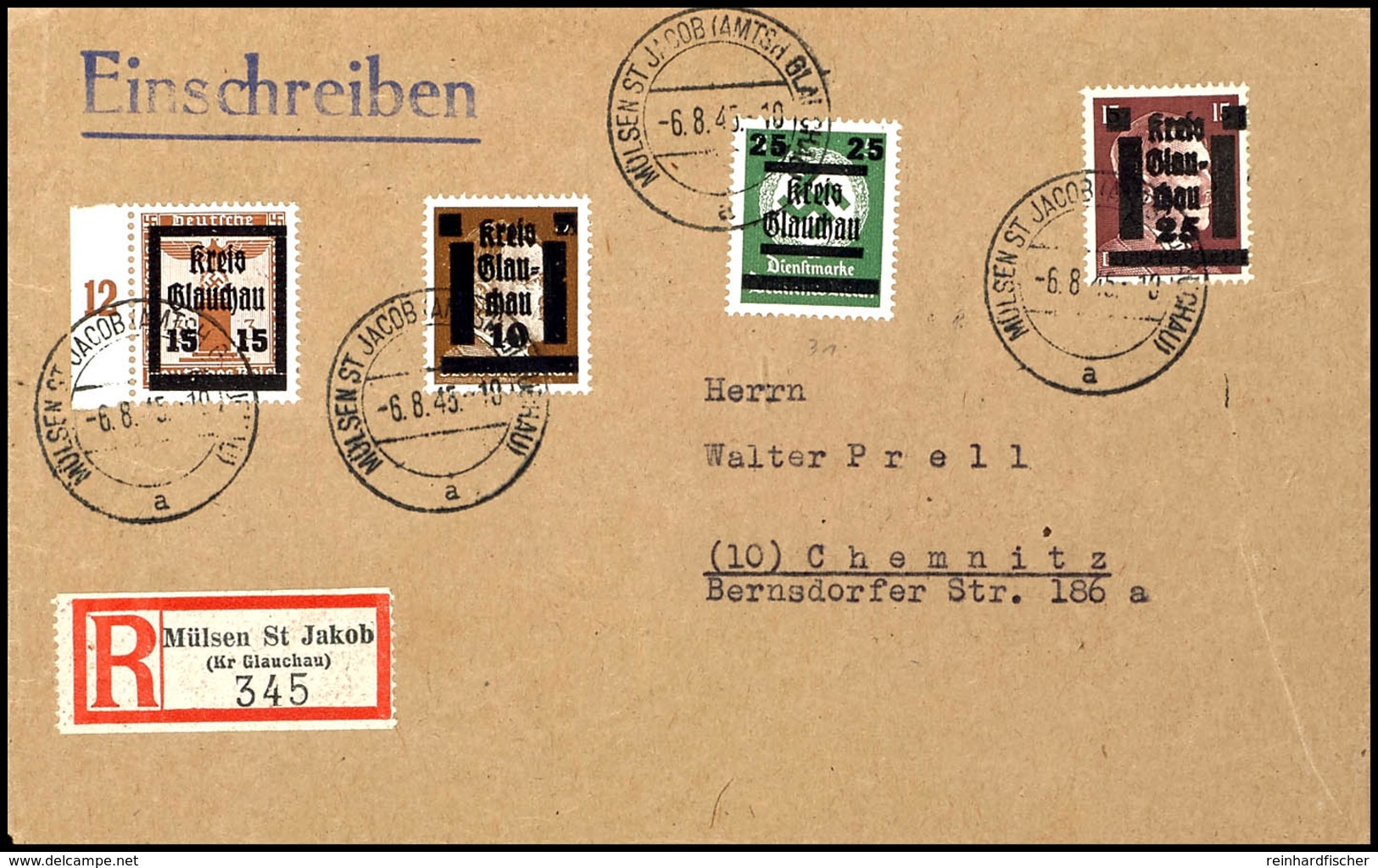 15 Auf 3 Pfg Parteidienstmarke Mit Bunter Zufrankatur Auf Portogerechtem R-Brief Von "MÜLSEN ST JACOB (AMTSH GLAUCHAU) 6 - Glauchau