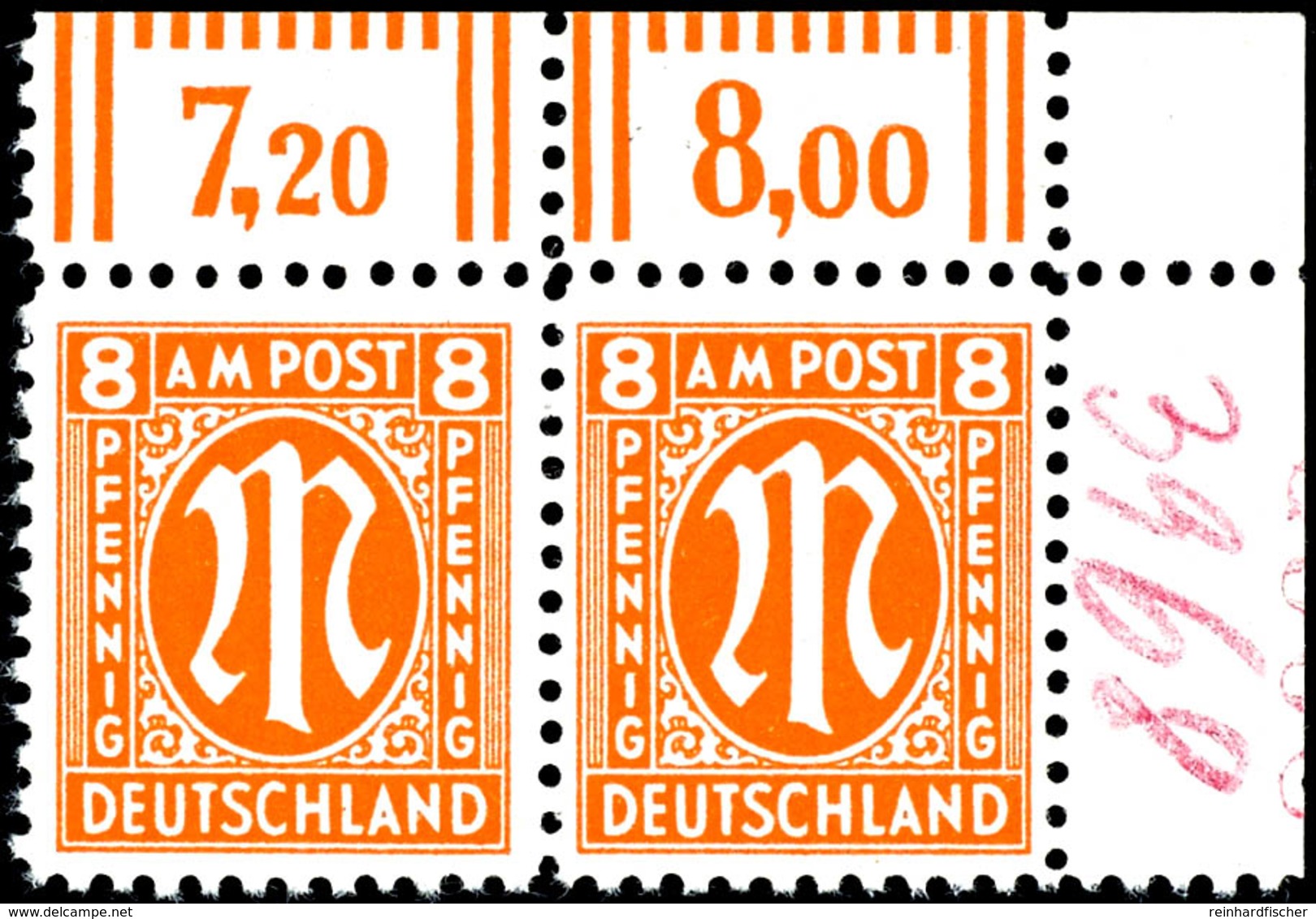 8 Pfg AM-Post, Deutscher Druck, Waagerechtes Paar Mit Linker Oberer Bogenecke Und Handschriftlich Nachgebesserter Bogenz - Other & Unclassified
