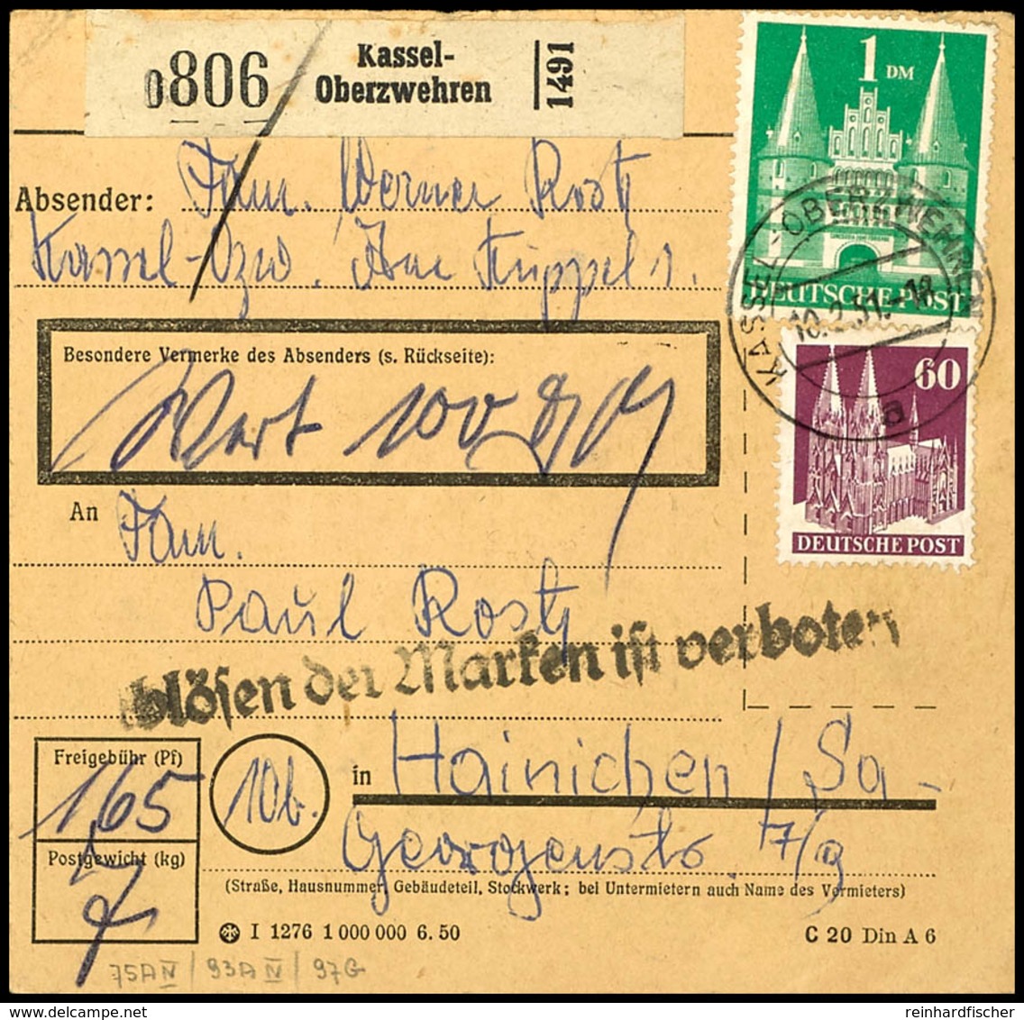 1 DM Bauten Eng Gezähnt Zusammen Mit 5 Und 60 Pfg Bauten Auf Paketkarte Von "KASSEL-OBERZWEHREN 10.2.51" Nach Hainichen, - Altri & Non Classificati