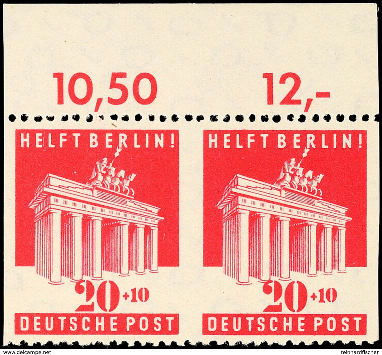 20 Pfg. Berlinhilfe, Senkr. Ungez., Waager. Paar Vom Bogenoberrand, Postfrisch, Mi. 240.-, Katalog: 102Us ** - Altri & Non Classificati