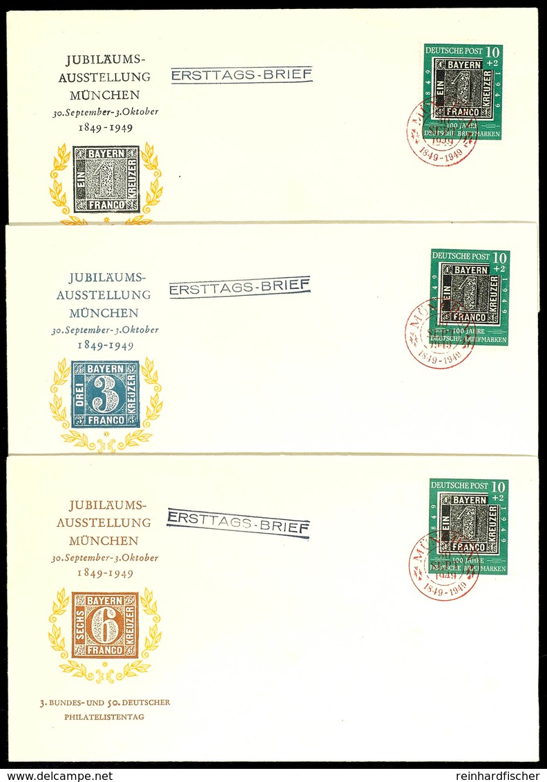 "100 Jahre Dt. Briefmarke" 10+2 Pfg , Drei FDC Mit Münchner ESSt., Die Drei Schmuckumschläge Mit Verschied. Abb. Von Bay - Other & Unclassified