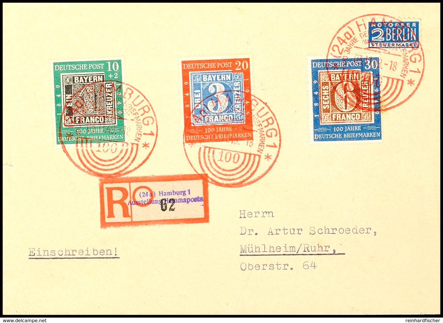 10 Pfg Bis 30 Pfg Tag Der Briefmarke 1949 Als Reine Satzfrankatur Auf Portogerechtem R-Brief Von Hamburg Nach Mülheim/Ru - Other & Unclassified