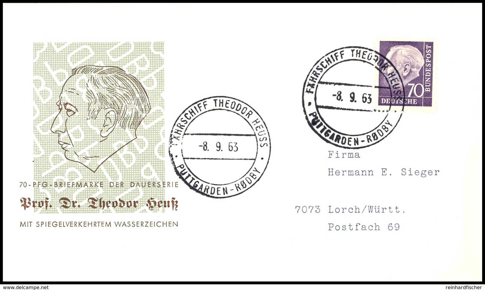 70 Pfg Heuss Mit Seitenverkehrtem Wasserzeichen Auf Schmuckbrief Mit Stempel "FÄHRSCHIFF THEODOR HEUSS 8.9.63" Nach Lorc - Other & Unclassified