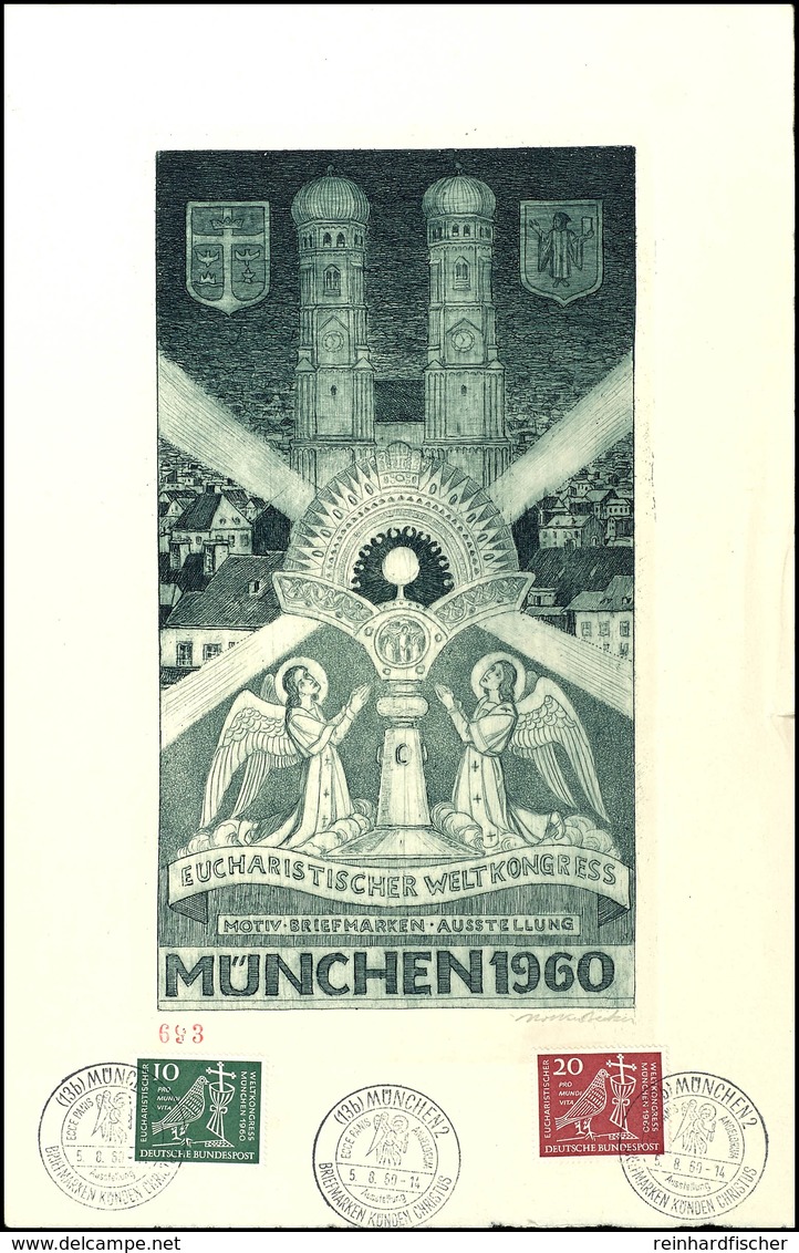 Radierung "Eucharistischer Weltkongress München 1960" (11 X 20 Cm), Als Blatt 19 X 29 Cm Darauf Die Beiden Sondermarken  - Altri & Non Classificati