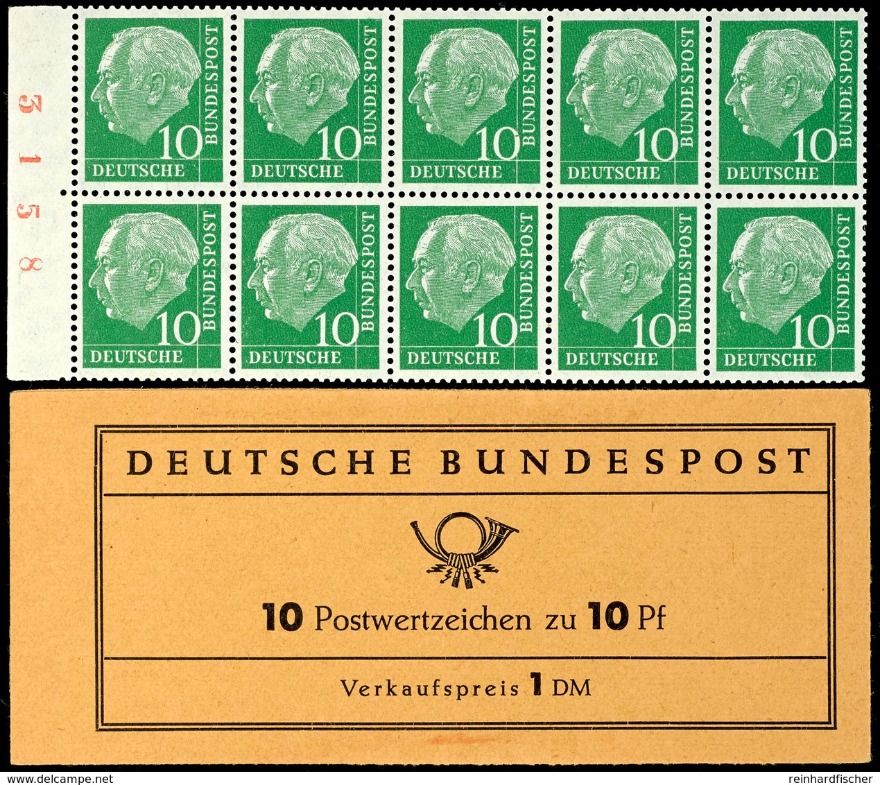 10 Pfg Heuss I. Ausgabe Auf Flour. Papier, Darmstädter Versuchsausgabe 1960/61, MH-Blattrand Mit Roter Bogenzählnummer " - Other & Unclassified