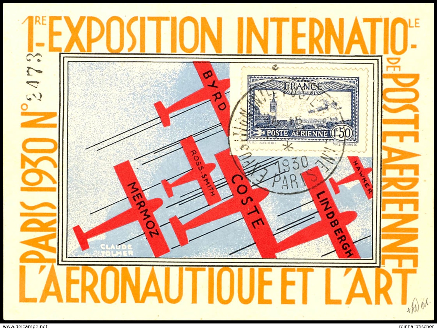 1,50 Fr. Flugpost Mit Lochung "E.I.P.A. 30" Mit SST PARIS 15.11.30 Auf Nummerierter Ausstellungskarte, Pracht, Geprüft V - Other & Unclassified